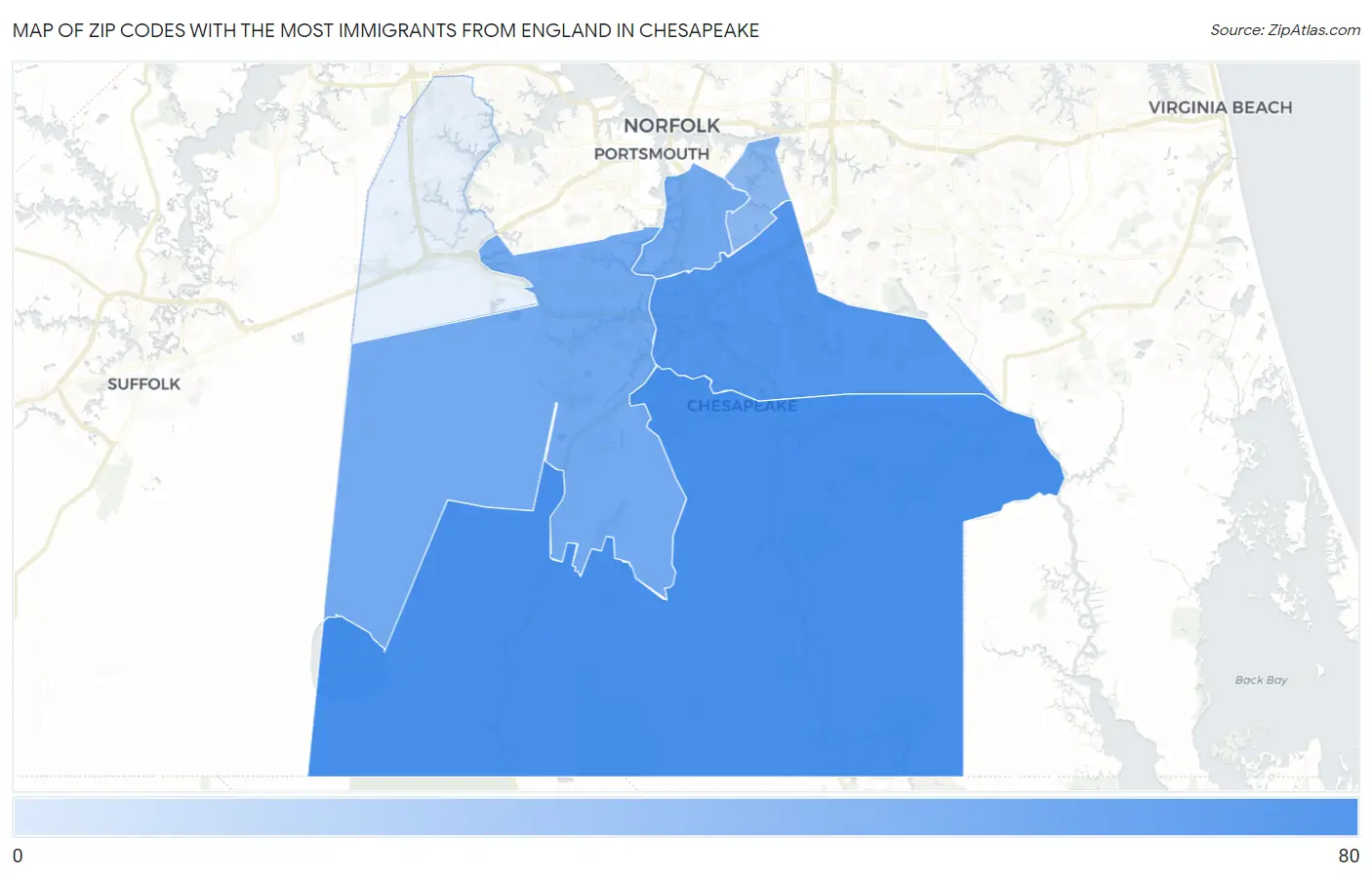 Zip Codes with the Most Immigrants from England in Chesapeake Map