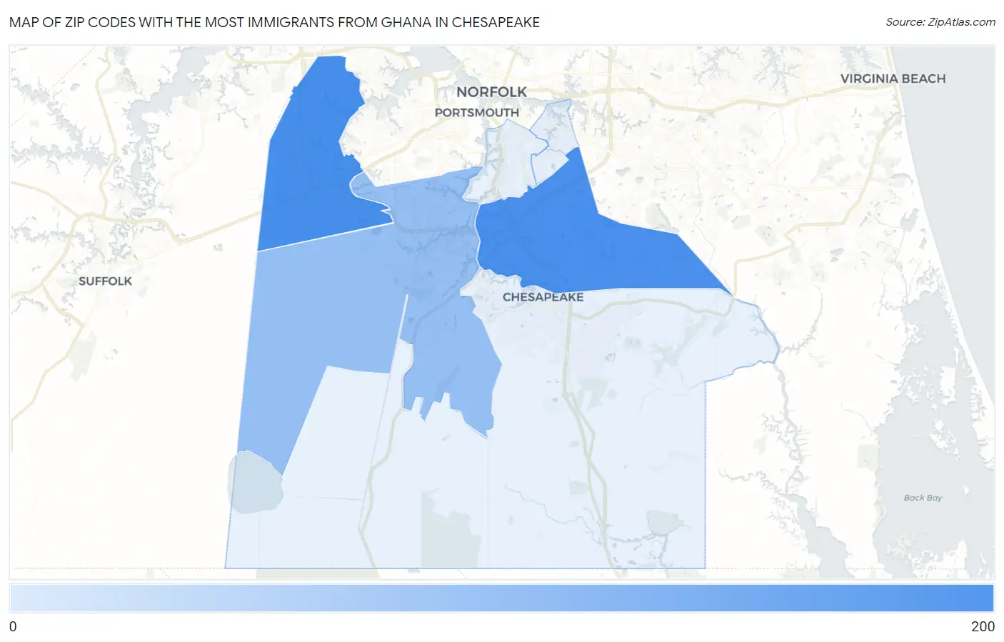 Zip Codes with the Most Immigrants from Ghana in Chesapeake Map