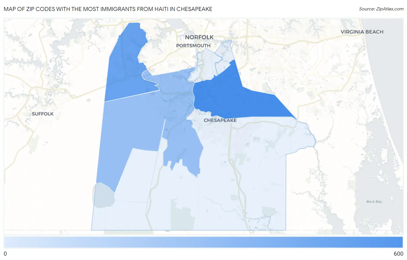 Zip Codes with the Most Immigrants from Haiti in Chesapeake Map