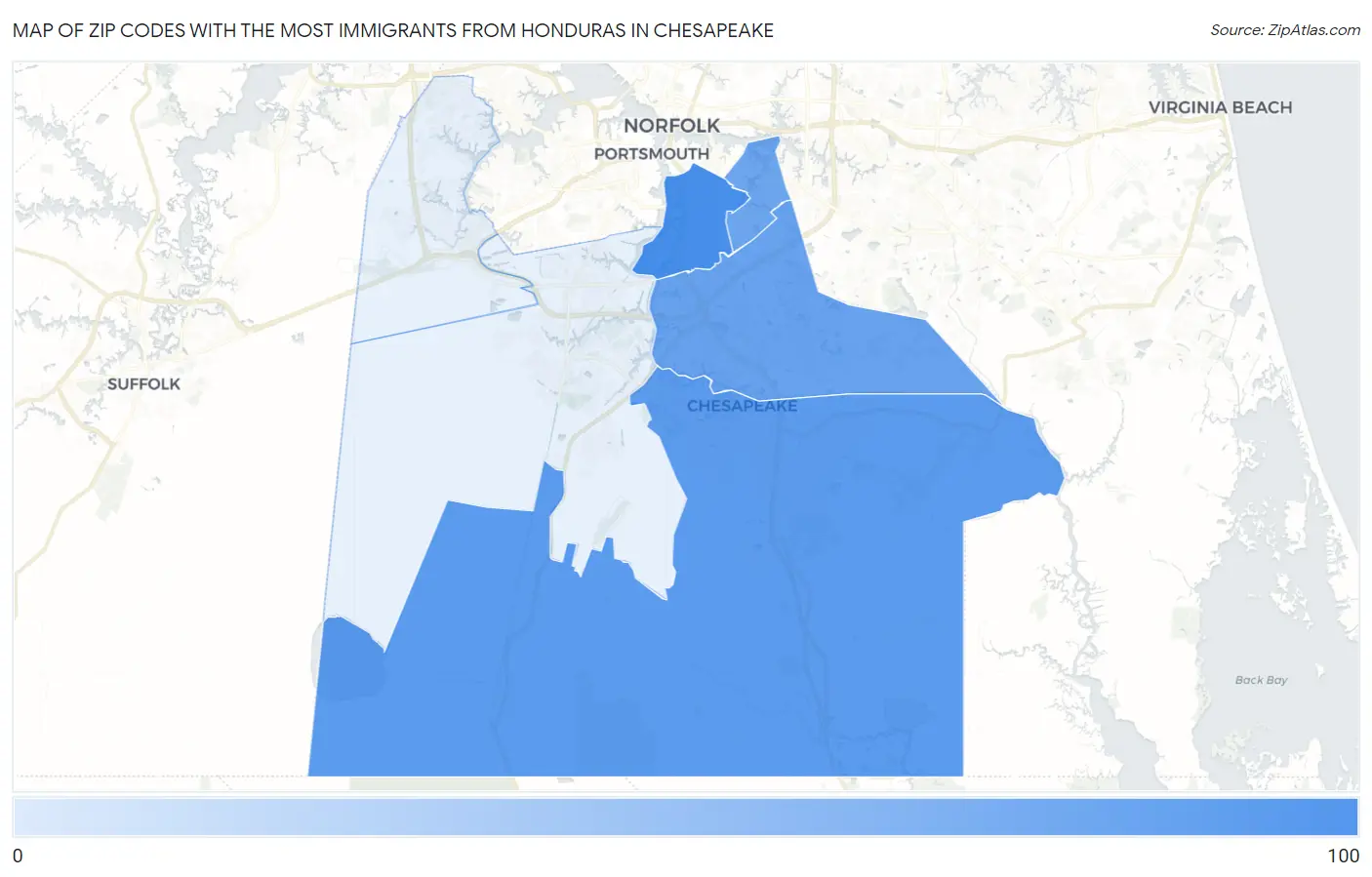 Zip Codes with the Most Immigrants from Honduras in Chesapeake Map