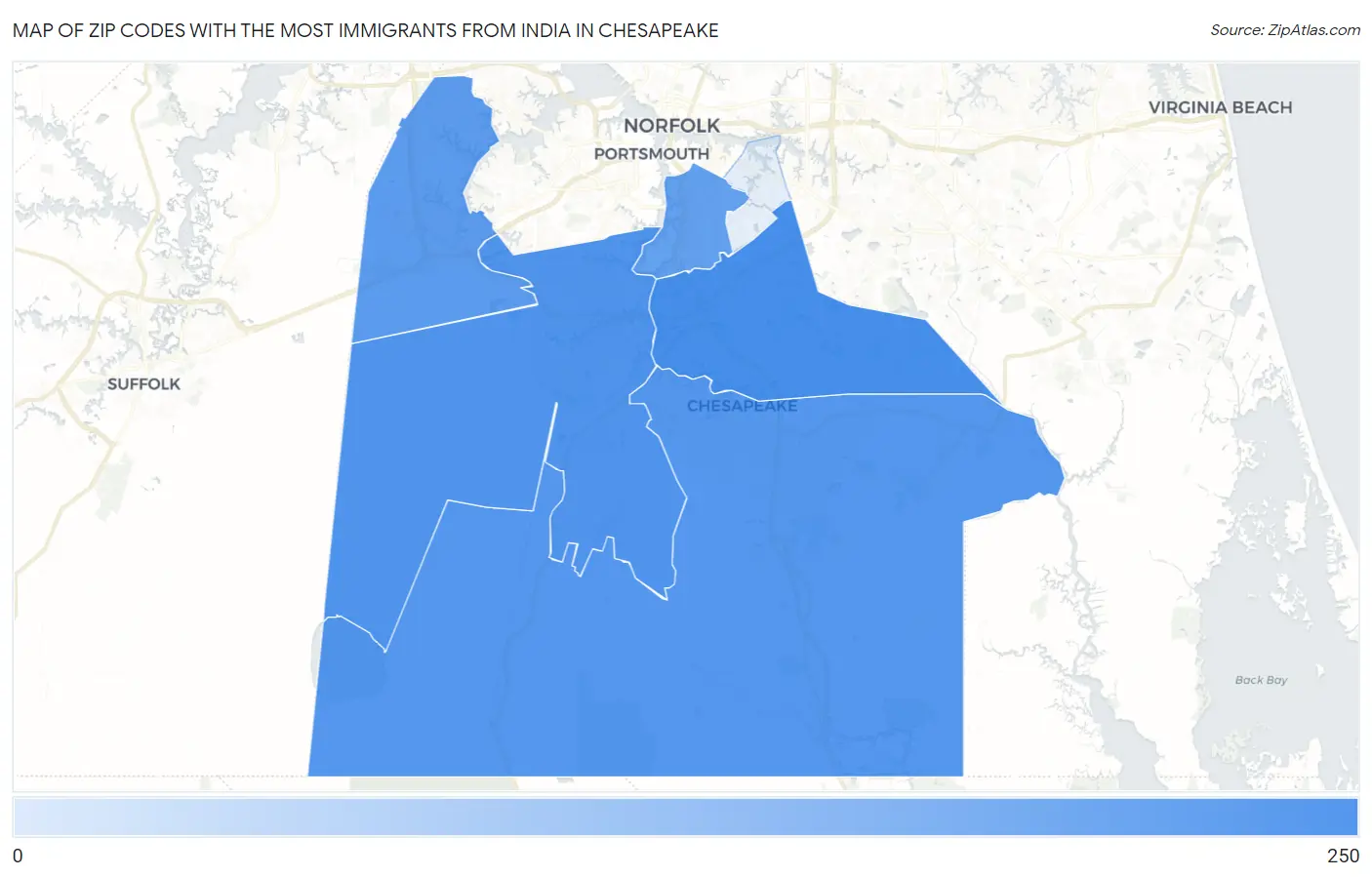 Zip Codes with the Most Immigrants from India in Chesapeake Map