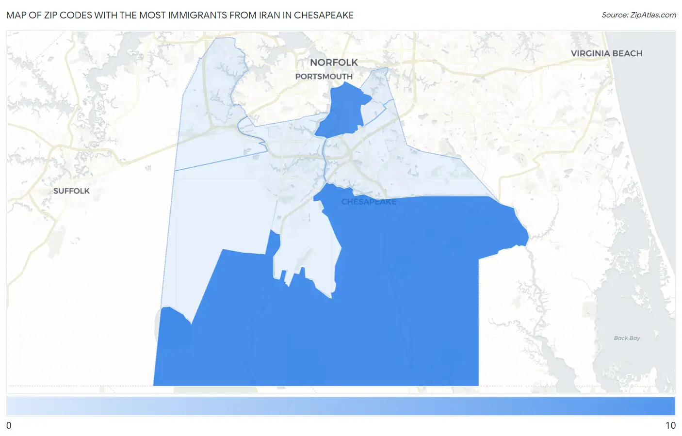 Zip Codes with the Most Immigrants from Iran in Chesapeake Map