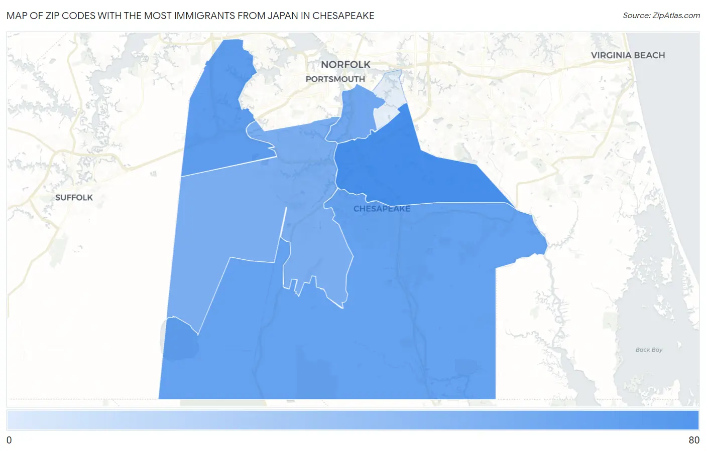 Zip Codes with the Most Immigrants from Japan in Chesapeake Map