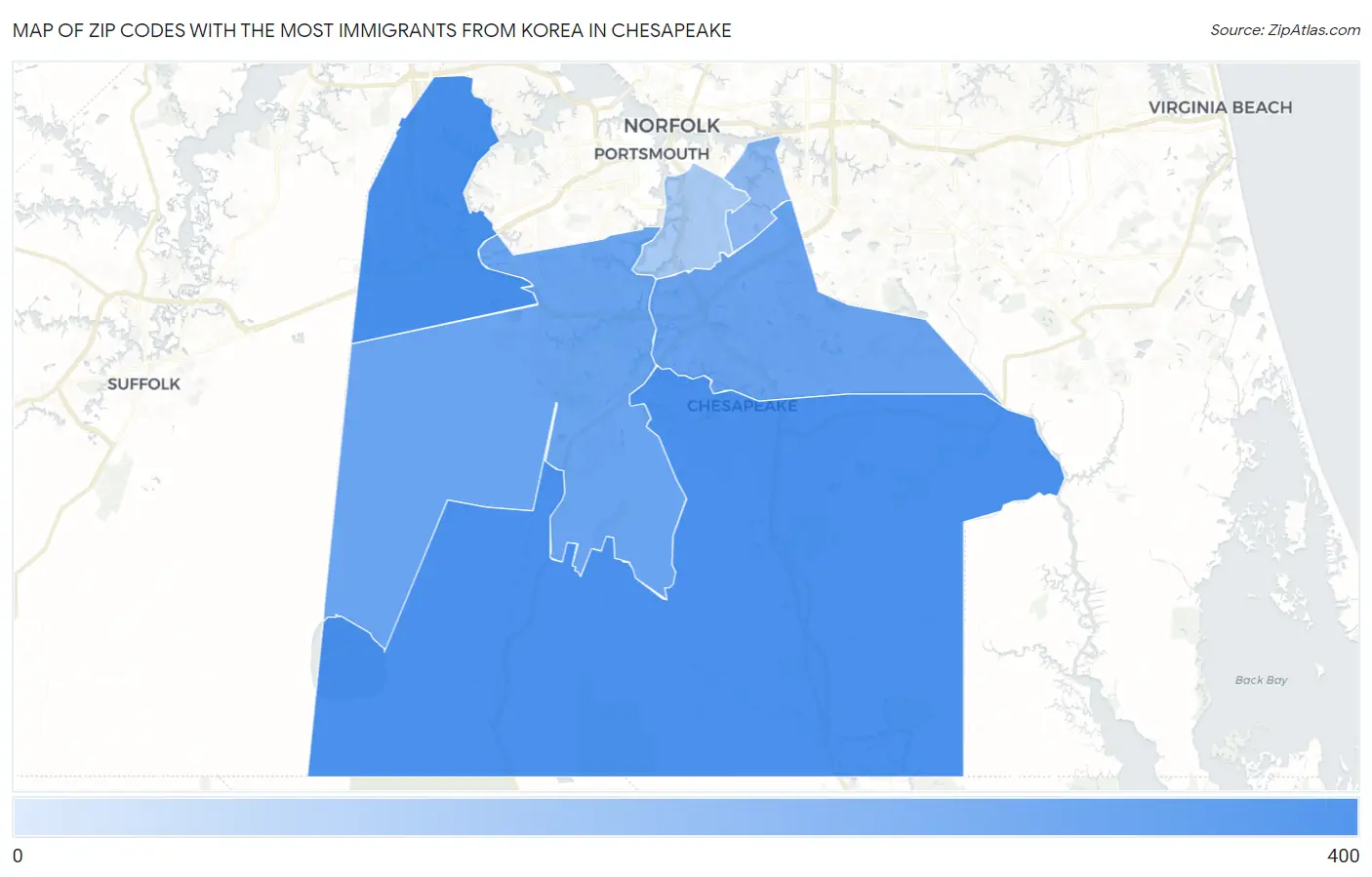 Zip Codes with the Most Immigrants from Korea in Chesapeake Map