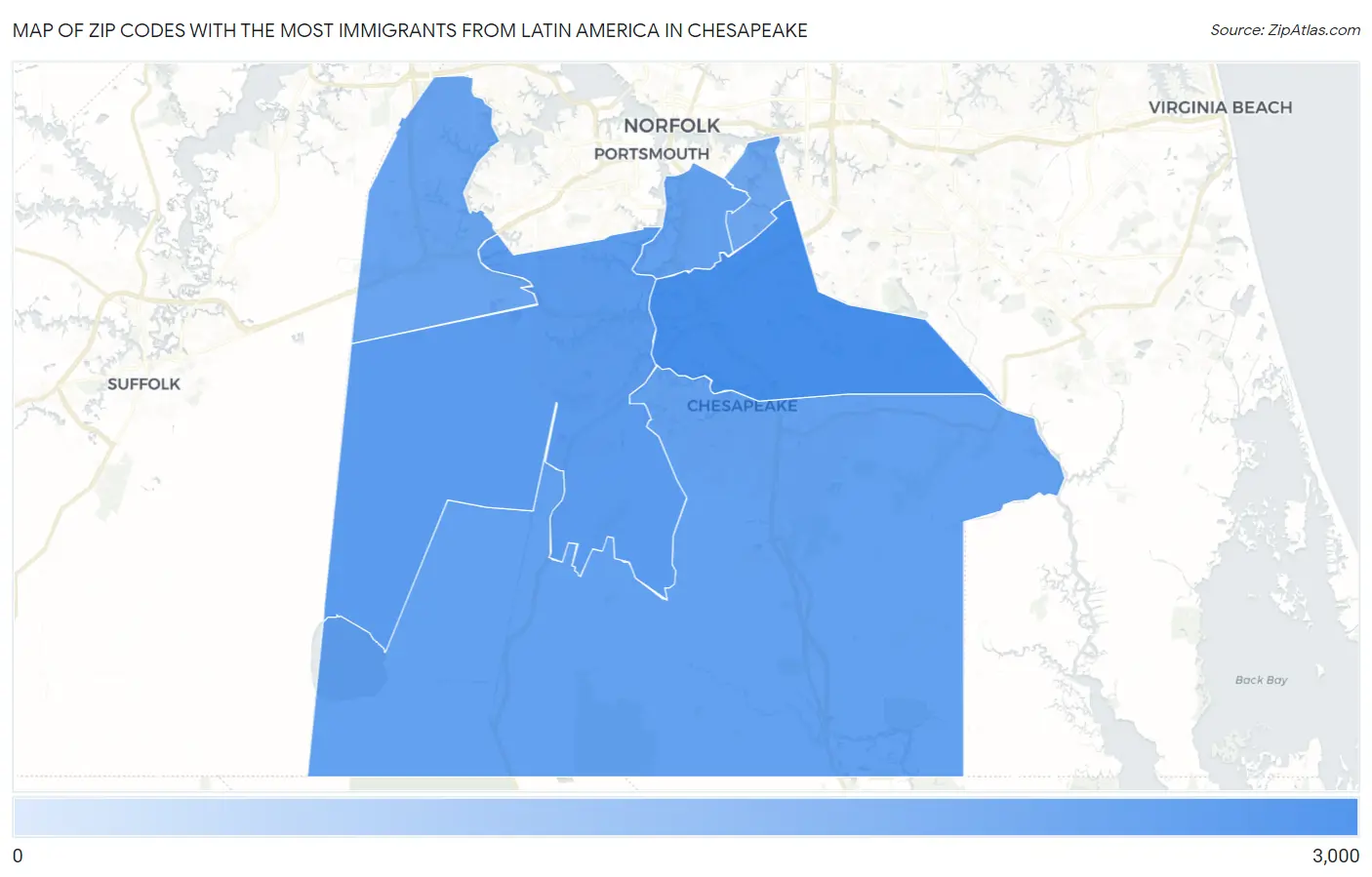 Zip Codes with the Most Immigrants from Latin America in Chesapeake Map