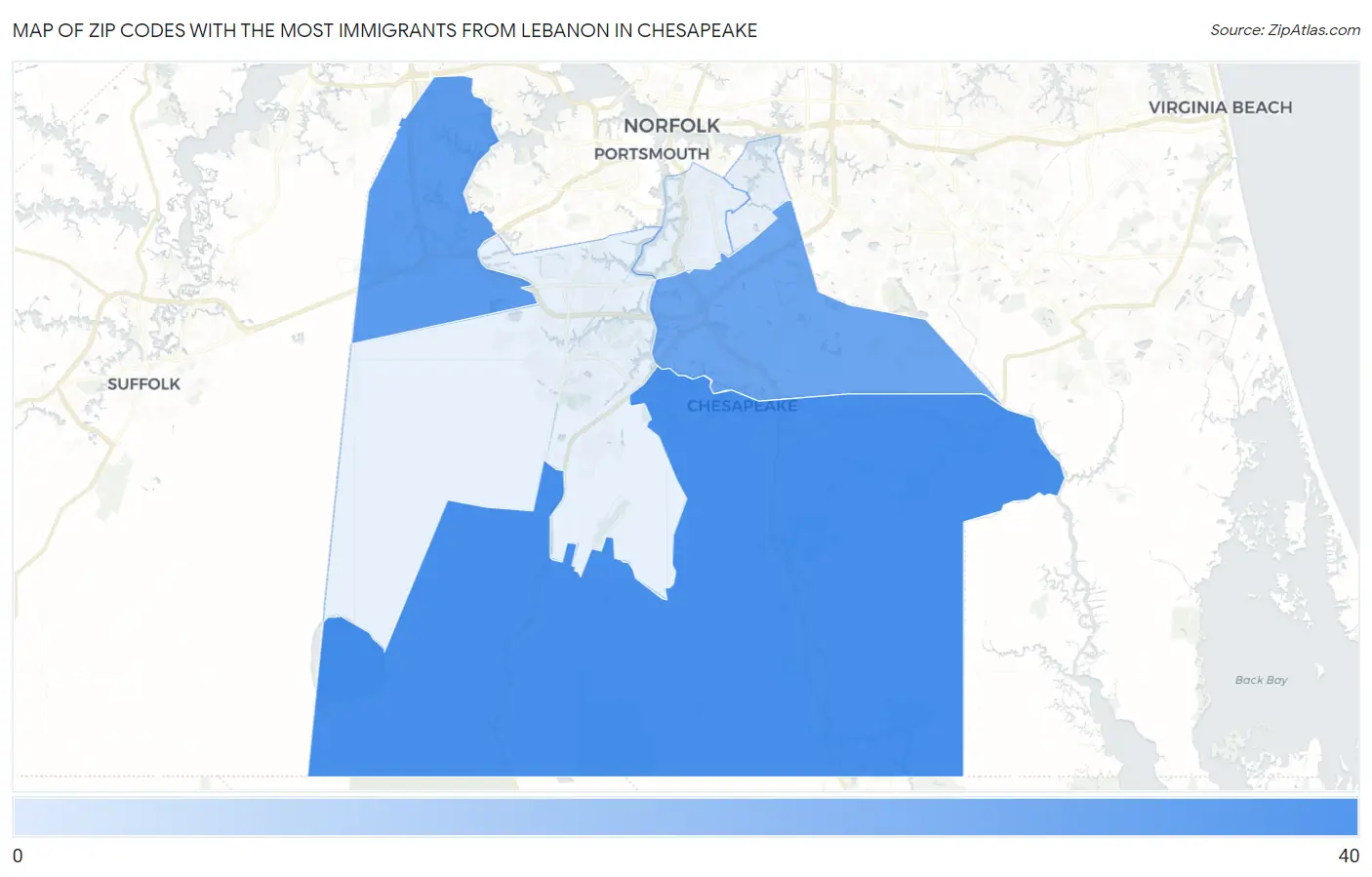 Zip Codes with the Most Immigrants from Lebanon in Chesapeake Map