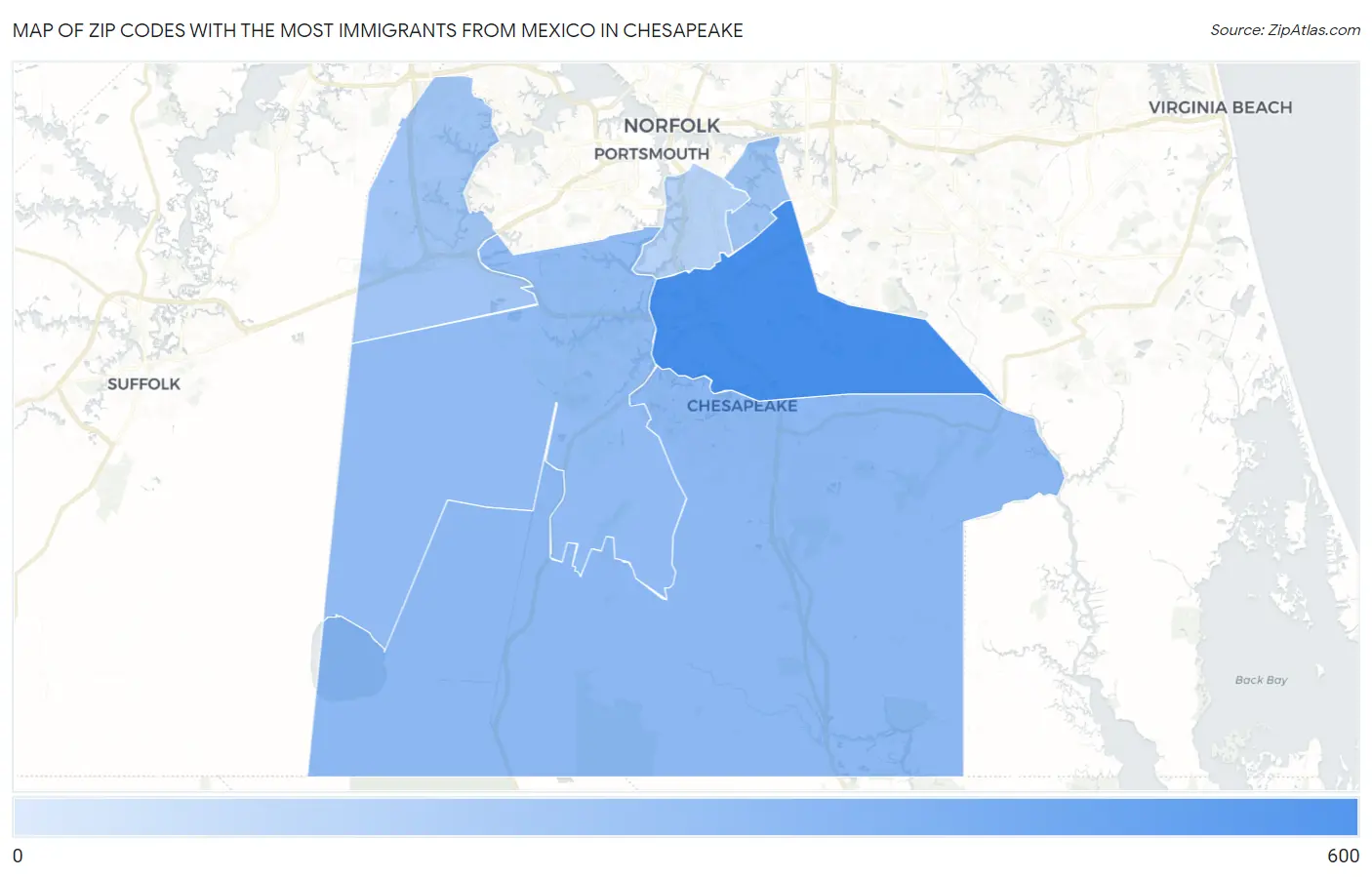 Zip Codes with the Most Immigrants from Mexico in Chesapeake Map