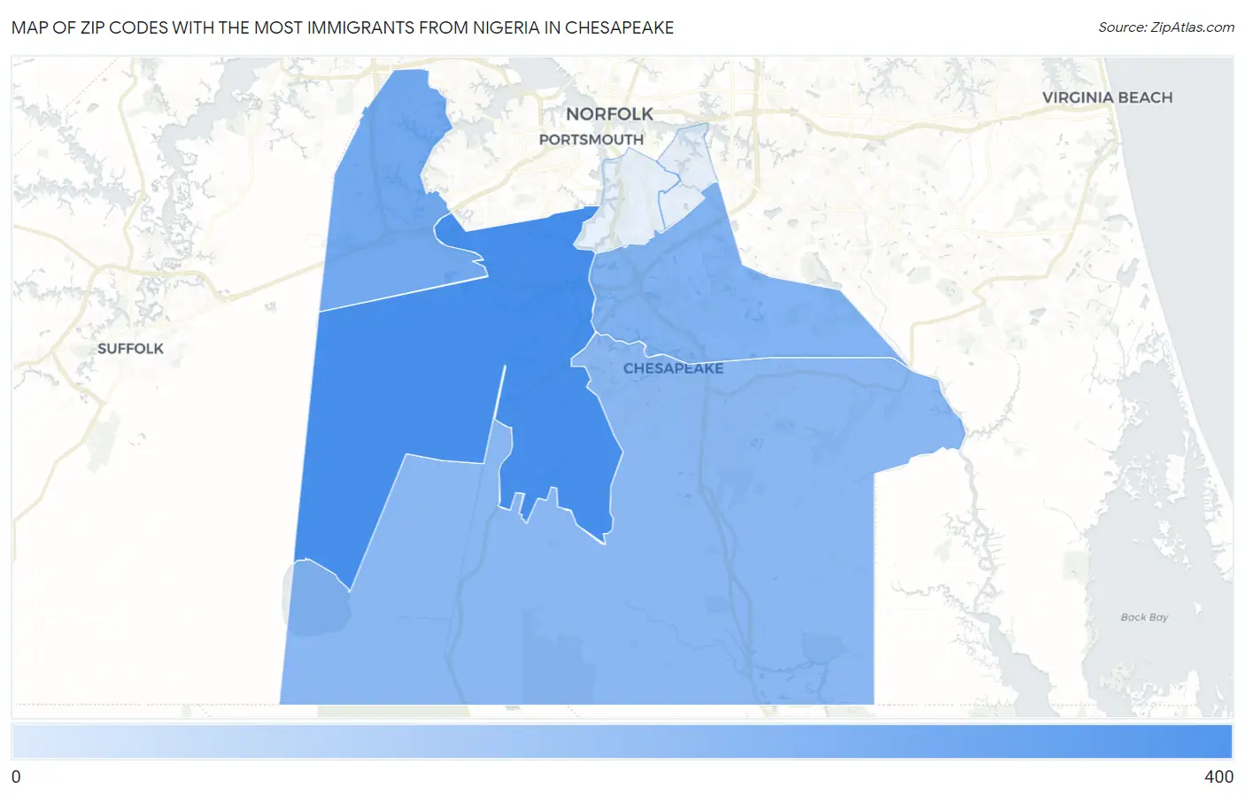 Zip Codes with the Most Immigrants from Nigeria in Chesapeake Map