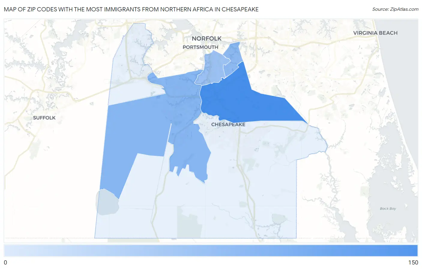 Zip Codes with the Most Immigrants from Northern Africa in Chesapeake Map