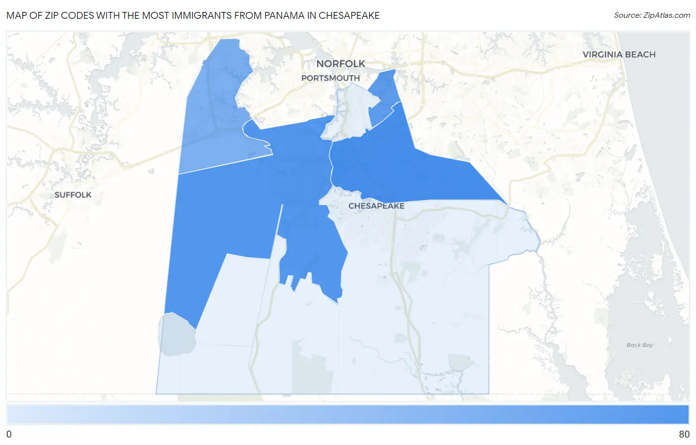 Zip Codes with the Most Immigrants from Panama in Chesapeake Map