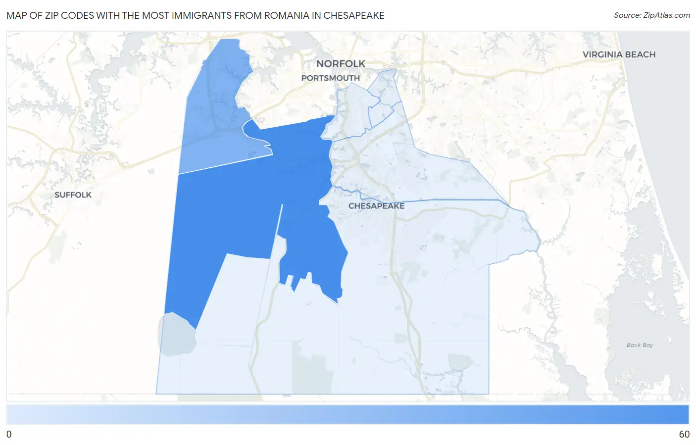 Zip Codes with the Most Immigrants from Romania in Chesapeake Map