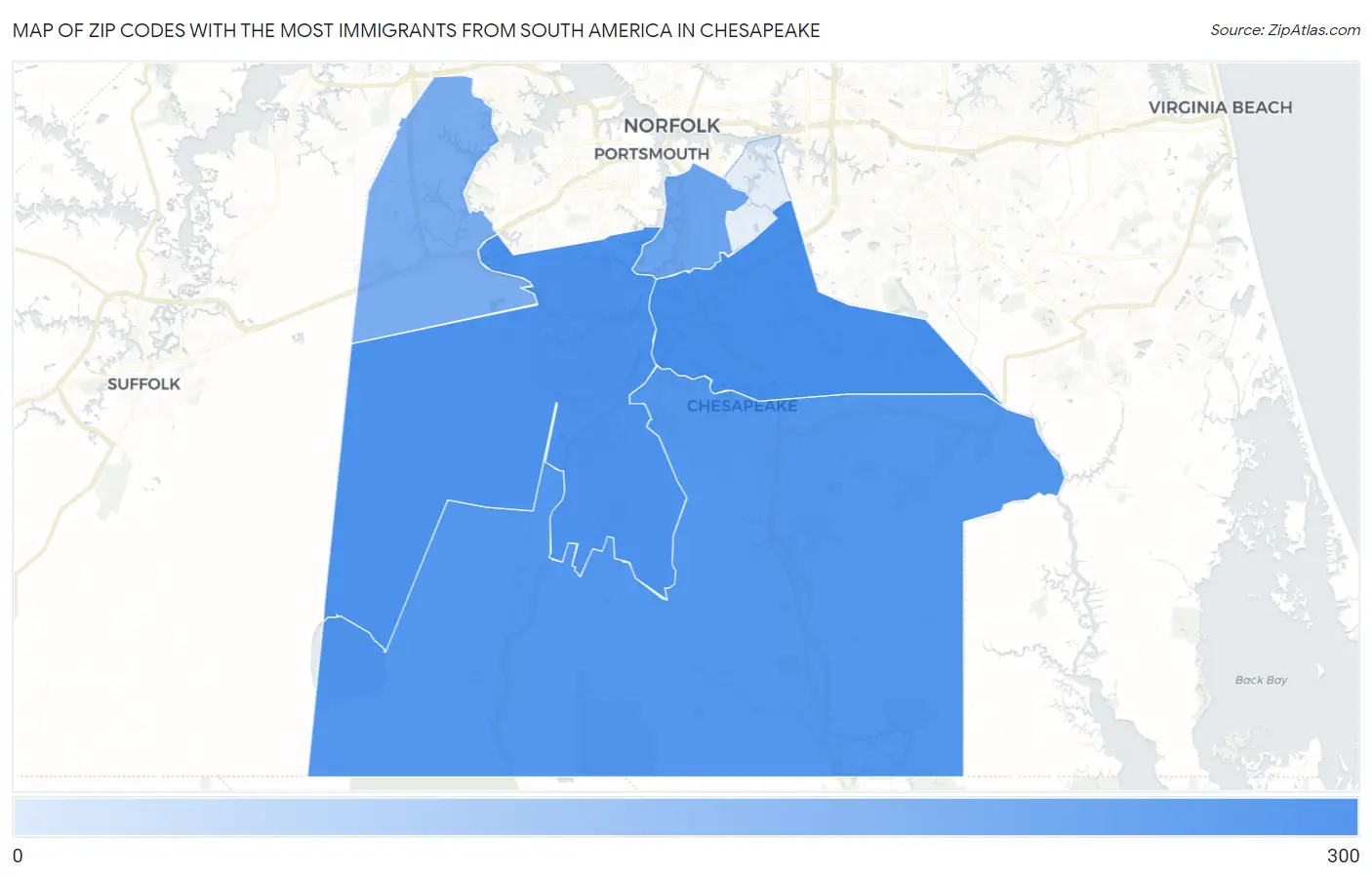 Zip Codes with the Most Immigrants from South America in Chesapeake Map