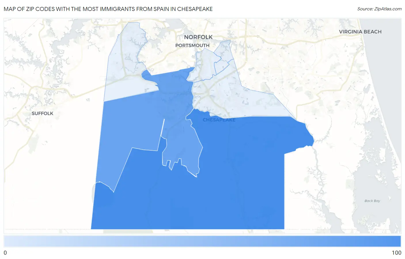 Zip Codes with the Most Immigrants from Spain in Chesapeake Map
