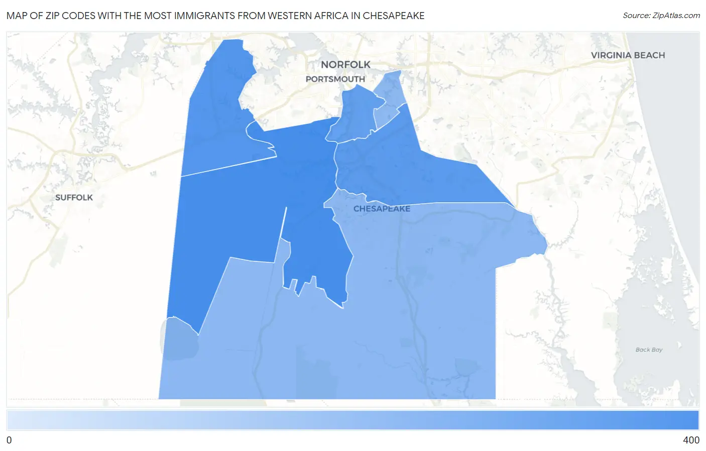 Zip Codes with the Most Immigrants from Western Africa in Chesapeake Map