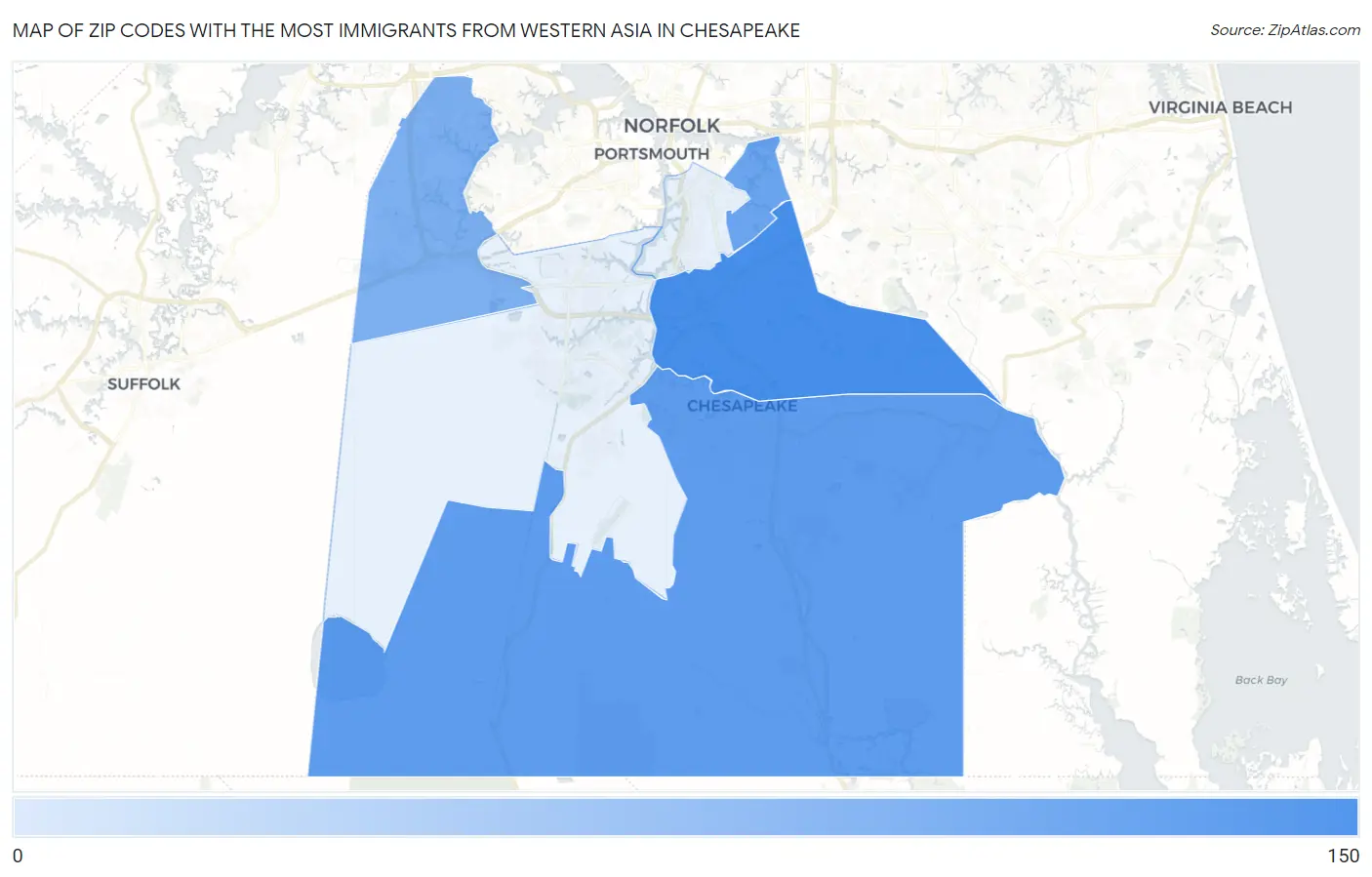 Zip Codes with the Most Immigrants from Western Asia in Chesapeake Map