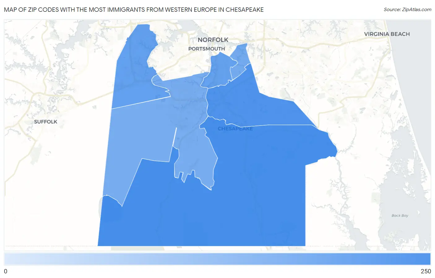 Zip Codes with the Most Immigrants from Western Europe in Chesapeake Map