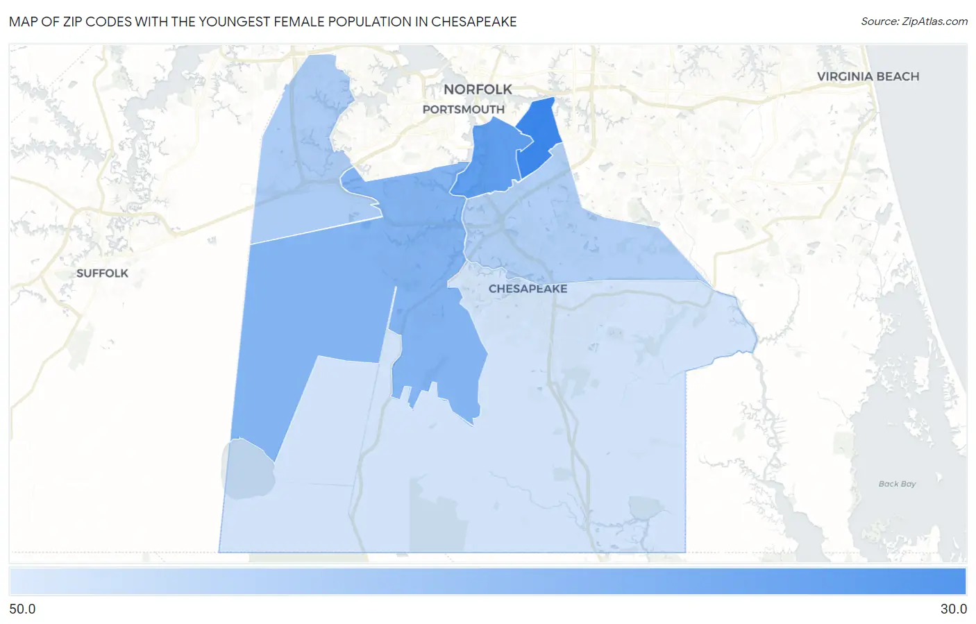Zip Codes with the Youngest Female Population in Chesapeake Map