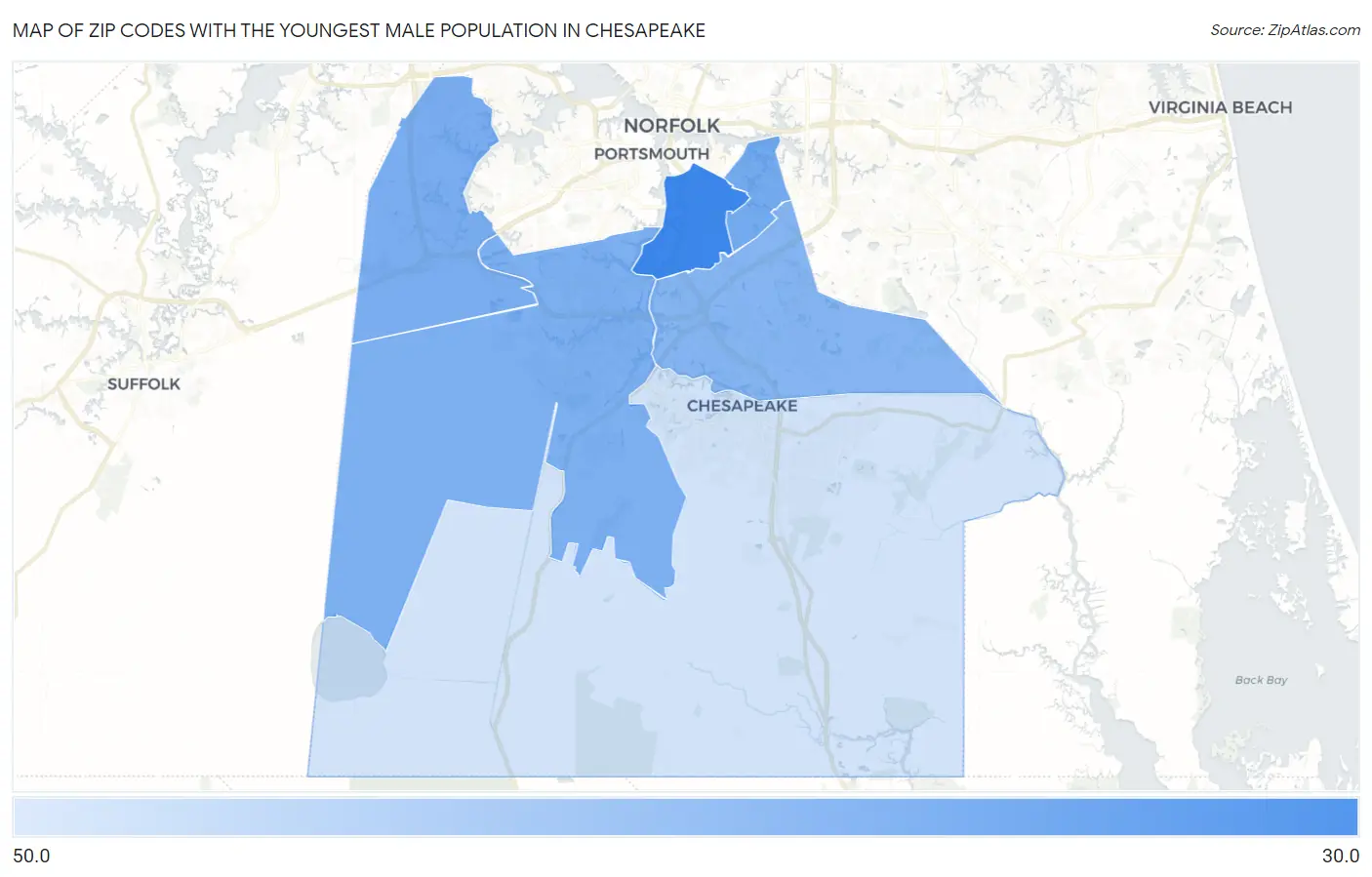 Zip Codes with the Youngest Male Population in Chesapeake Map