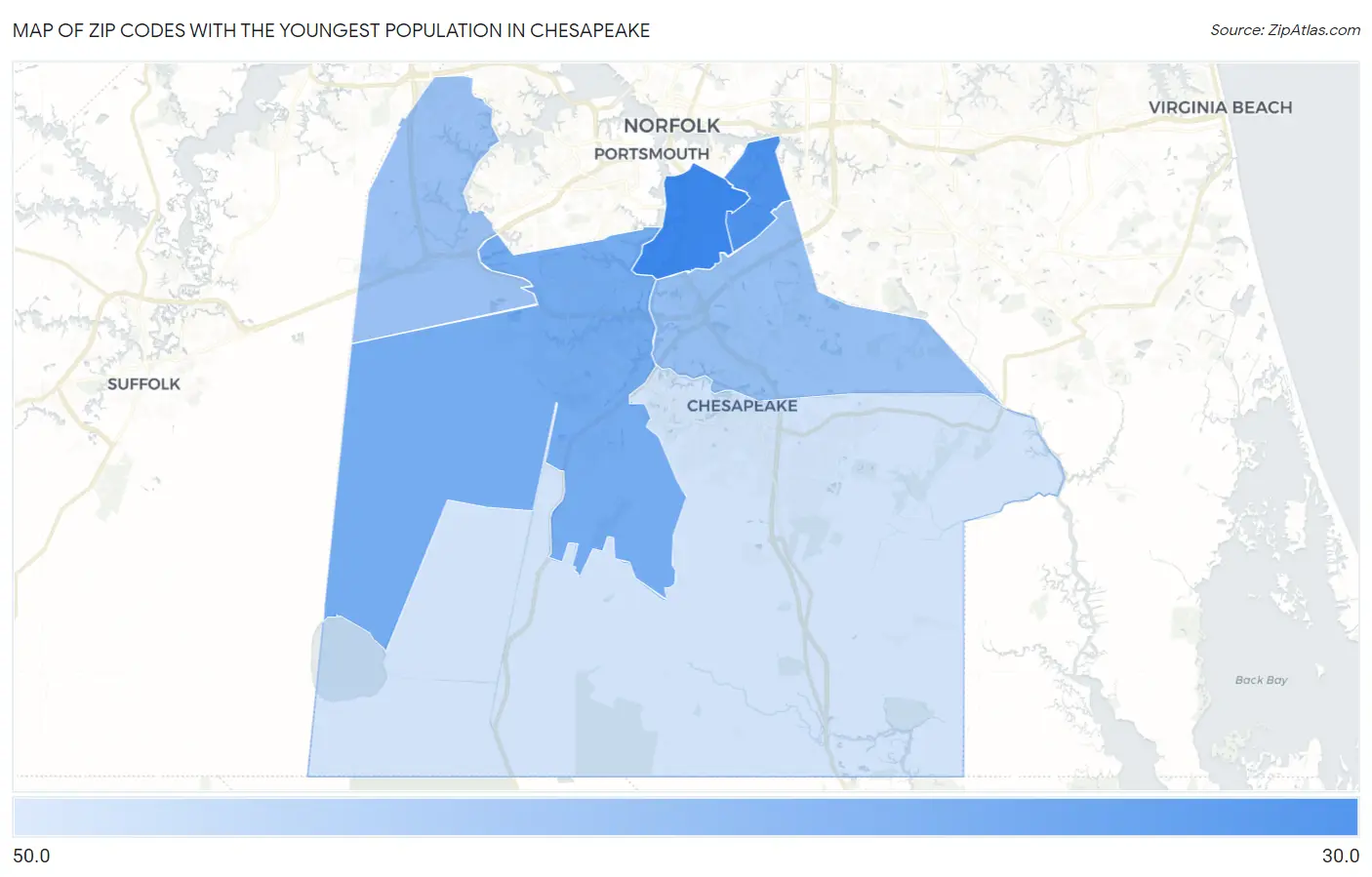 Zip Codes with the Youngest Population in Chesapeake Map