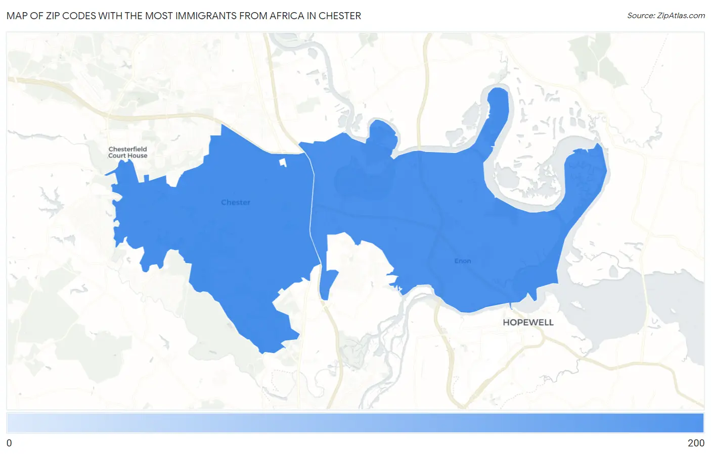 Zip Codes with the Most Immigrants from Africa in Chester Map
