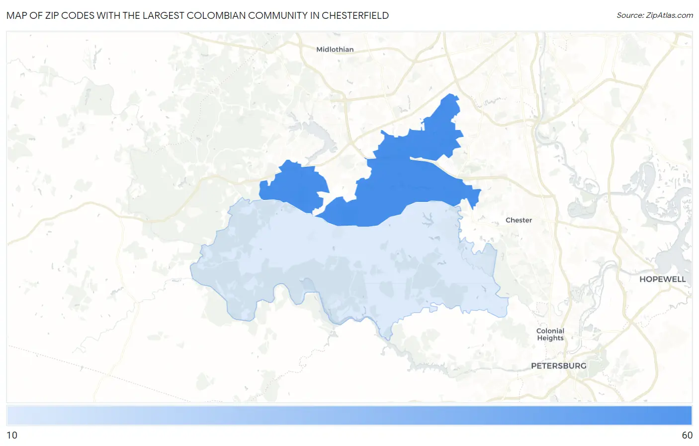 Zip Codes with the Largest Colombian Community in Chesterfield Map