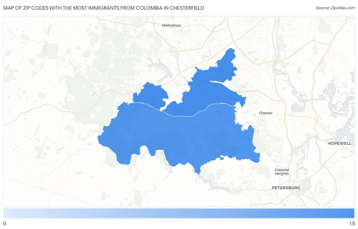 Zip Codes with the Most Immigrants from Colombia in Chesterfield Map