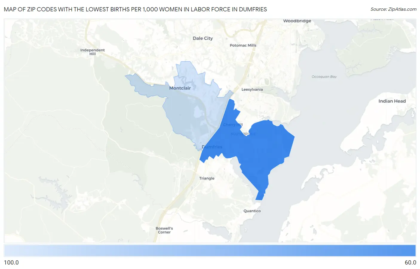 Zip Codes with the Lowest Births per 1,000 Women in Labor Force in Dumfries Map