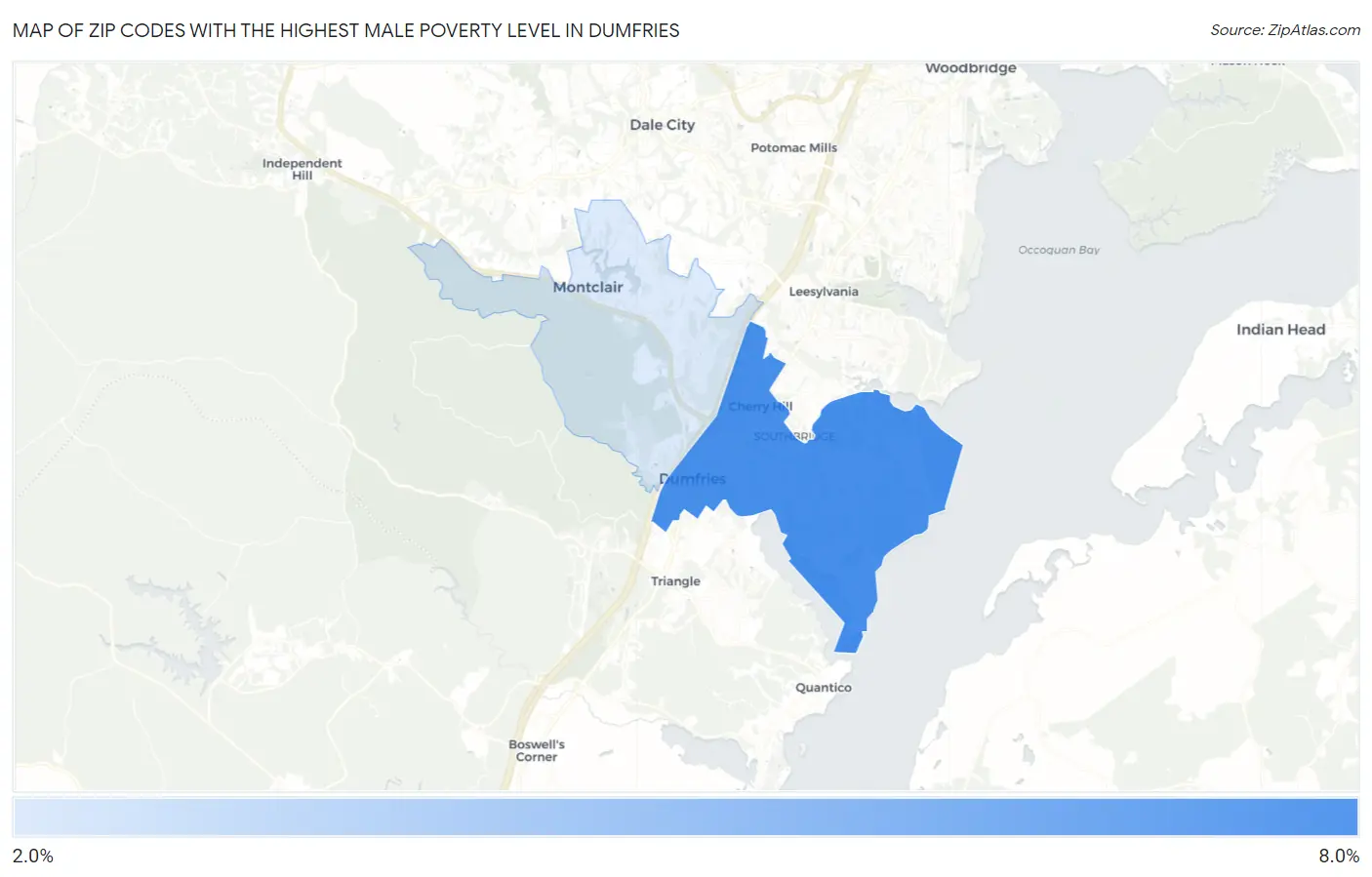 Zip Codes with the Highest Male Poverty Level in Dumfries Map