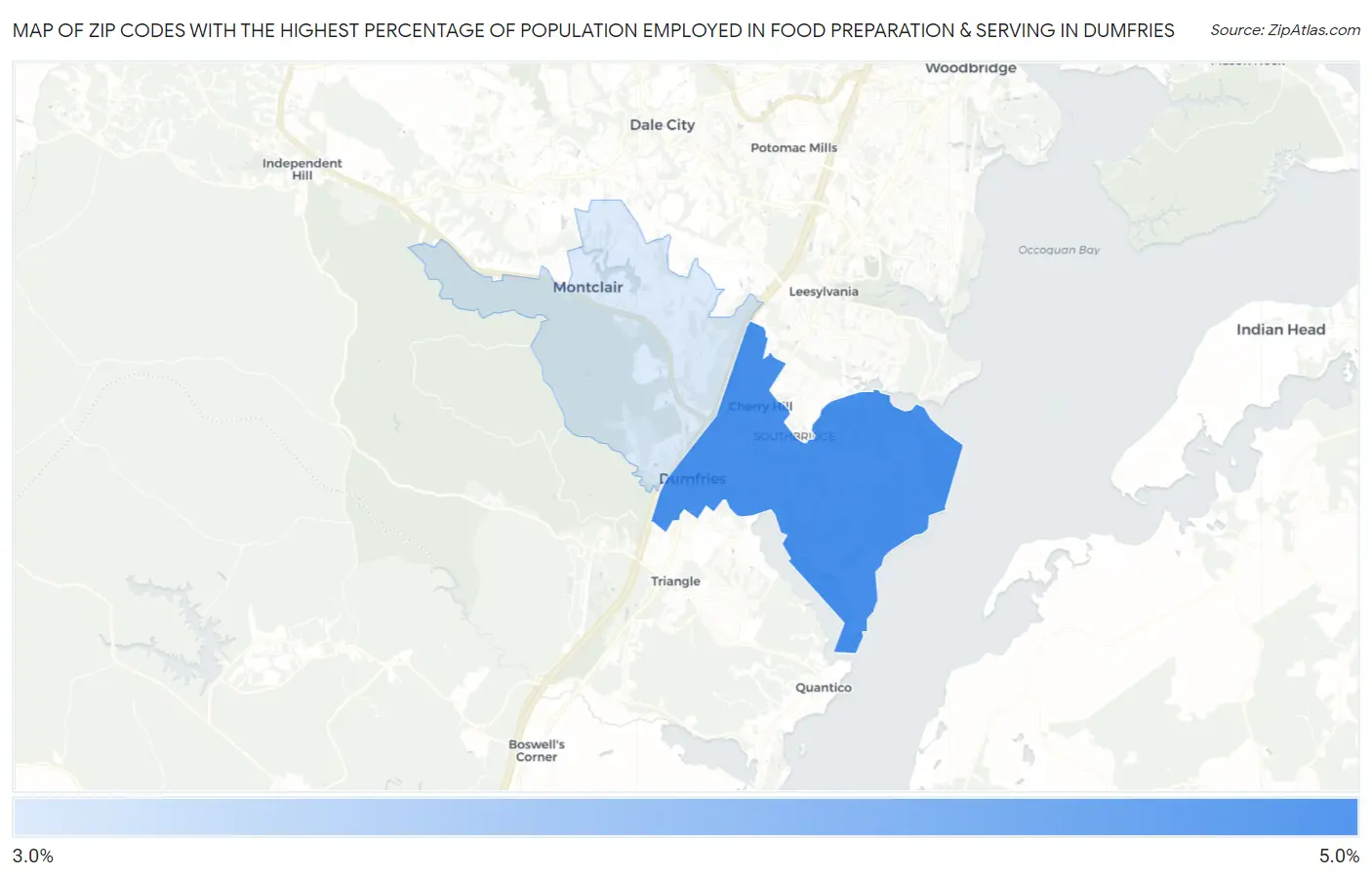 Zip Codes with the Highest Percentage of Population Employed in Food Preparation & Serving in Dumfries Map