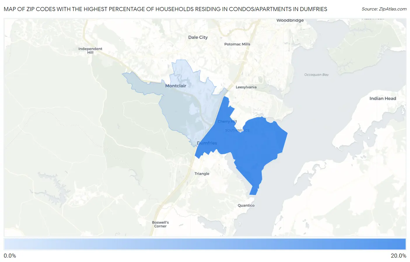 Zip Codes with the Highest Percentage of Households Residing in Condos/Apartments in Dumfries Map