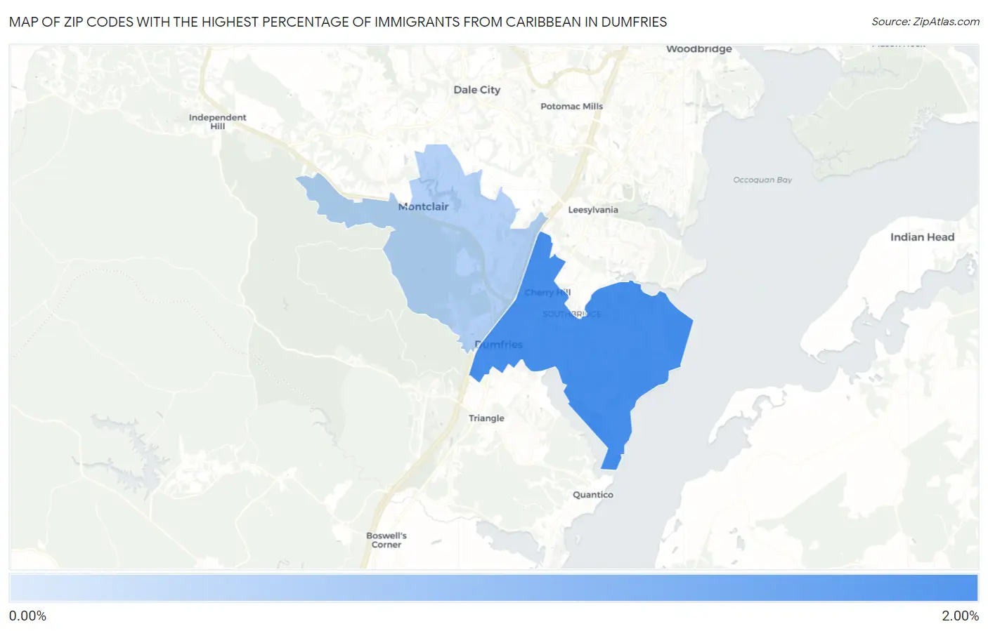 Zip Codes with the Highest Percentage of Immigrants from Caribbean in Dumfries Map