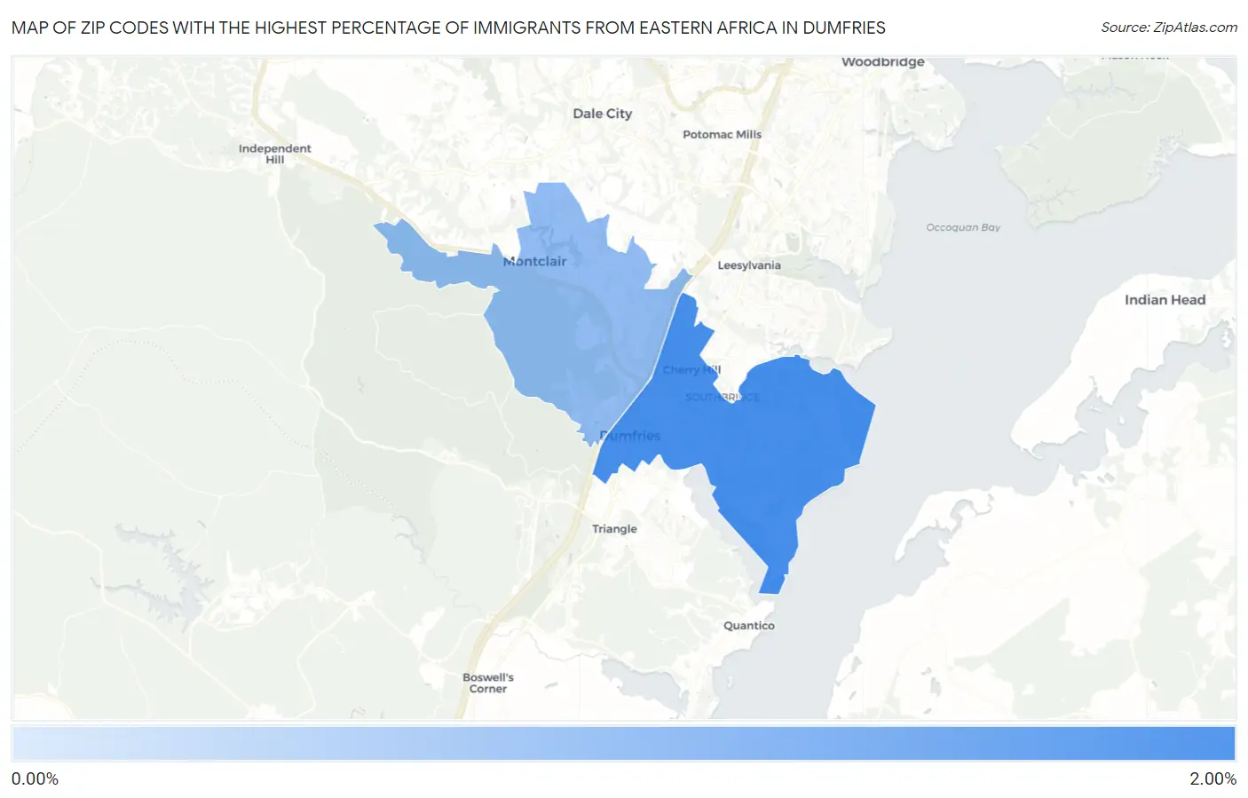 Zip Codes with the Highest Percentage of Immigrants from Eastern Africa in Dumfries Map