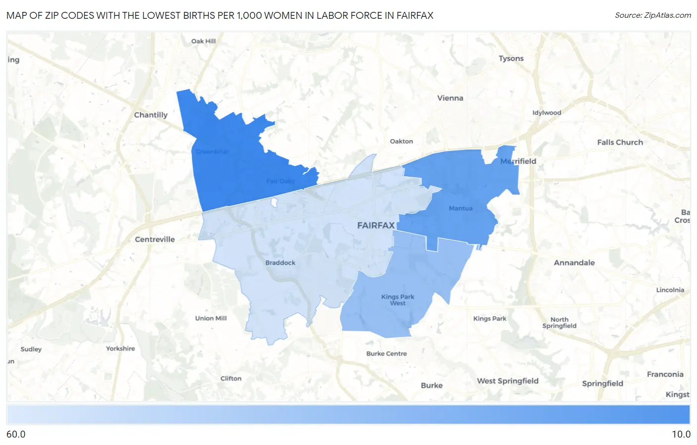 Zip Codes with the Lowest Births per 1,000 Women in Labor Force in Fairfax Map