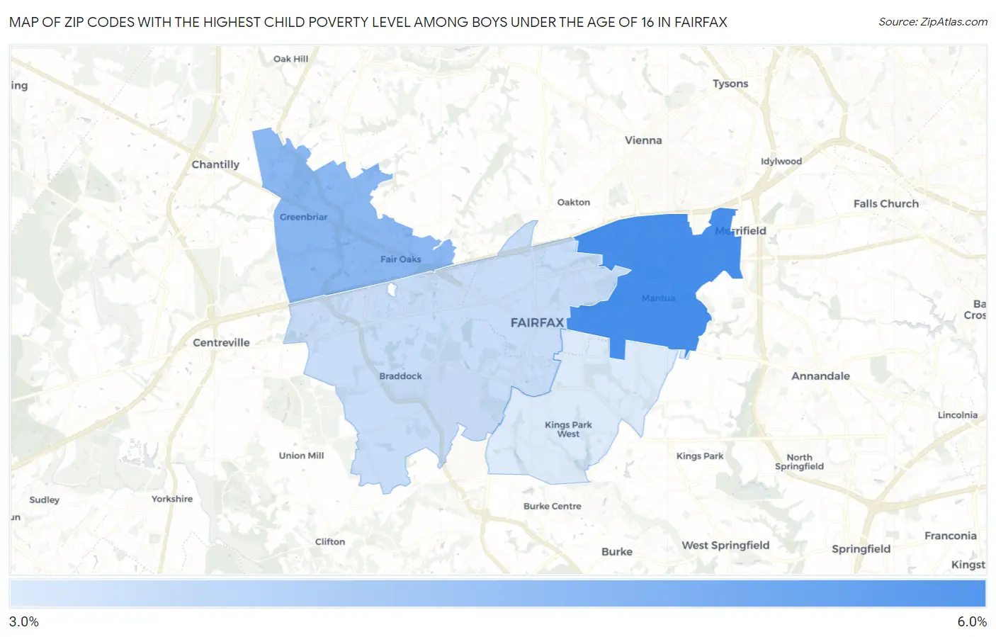 Zip Codes with the Highest Child Poverty Level Among Boys Under the Age of 16 in Fairfax Map
