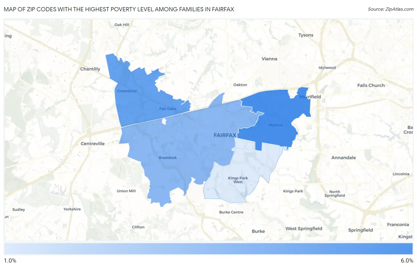 Zip Codes with the Highest Poverty Level Among Families in Fairfax Map
