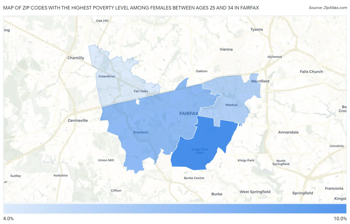 Zip Codes with the Highest Poverty Level Among Females Between Ages 25 and 34 in Fairfax Map