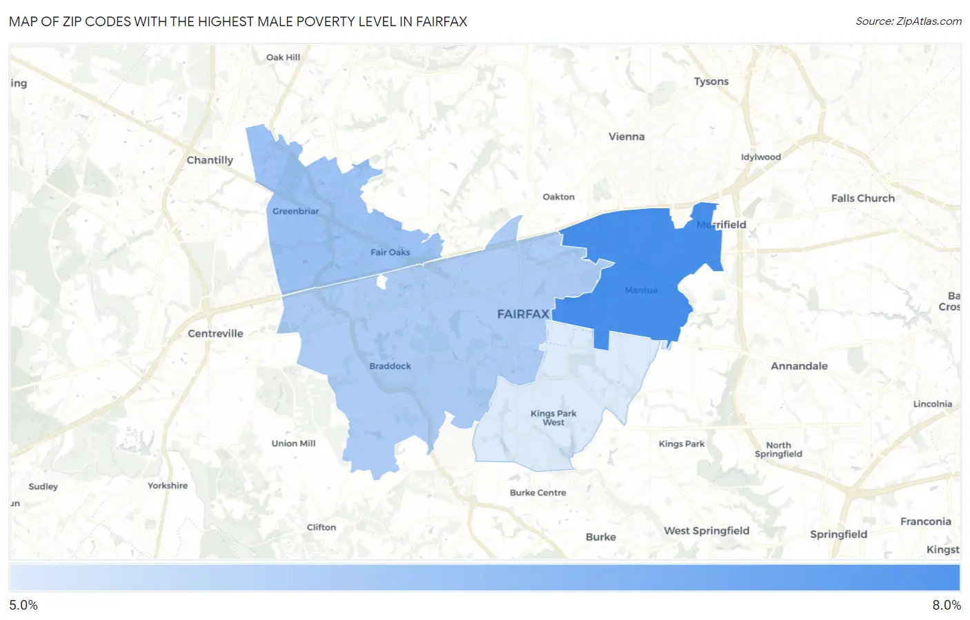 Zip Codes with the Highest Male Poverty Level in Fairfax Map