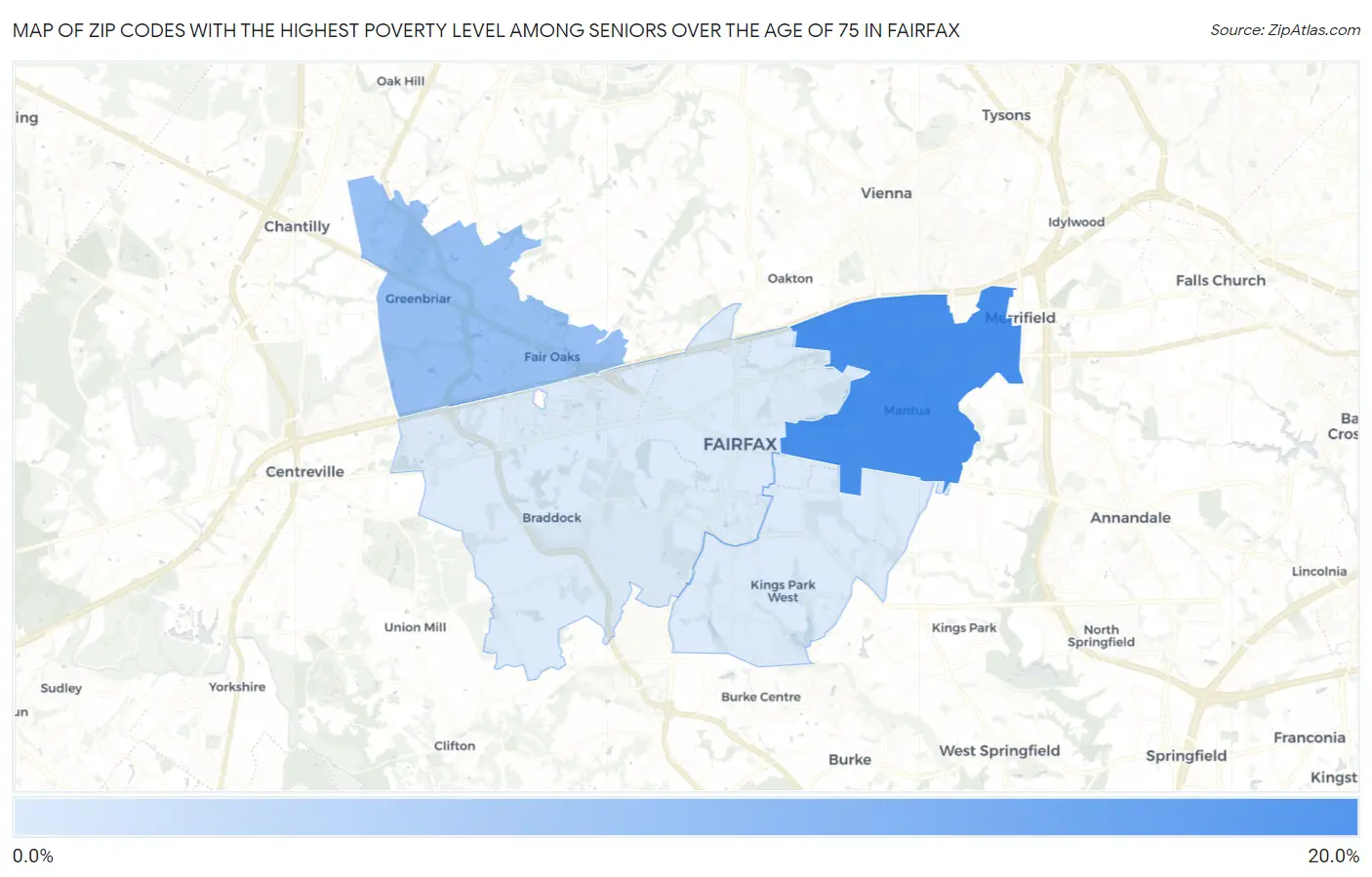 Zip Codes with the Highest Poverty Level Among Seniors Over the Age of 75 in Fairfax Map