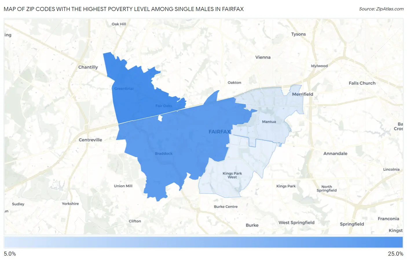 Zip Codes with the Highest Poverty Level Among Single Males in Fairfax Map