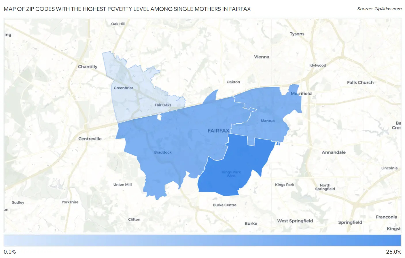 Zip Codes with the Highest Poverty Level Among Single Mothers in Fairfax Map