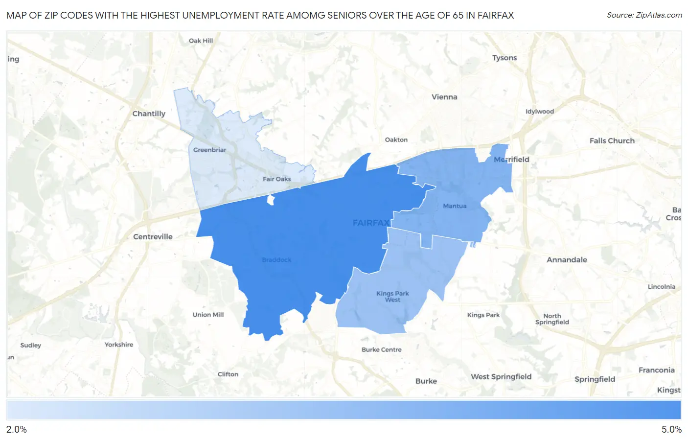 Zip Codes with the Highest Unemployment Rate Amomg Seniors Over the Age of 65 in Fairfax Map
