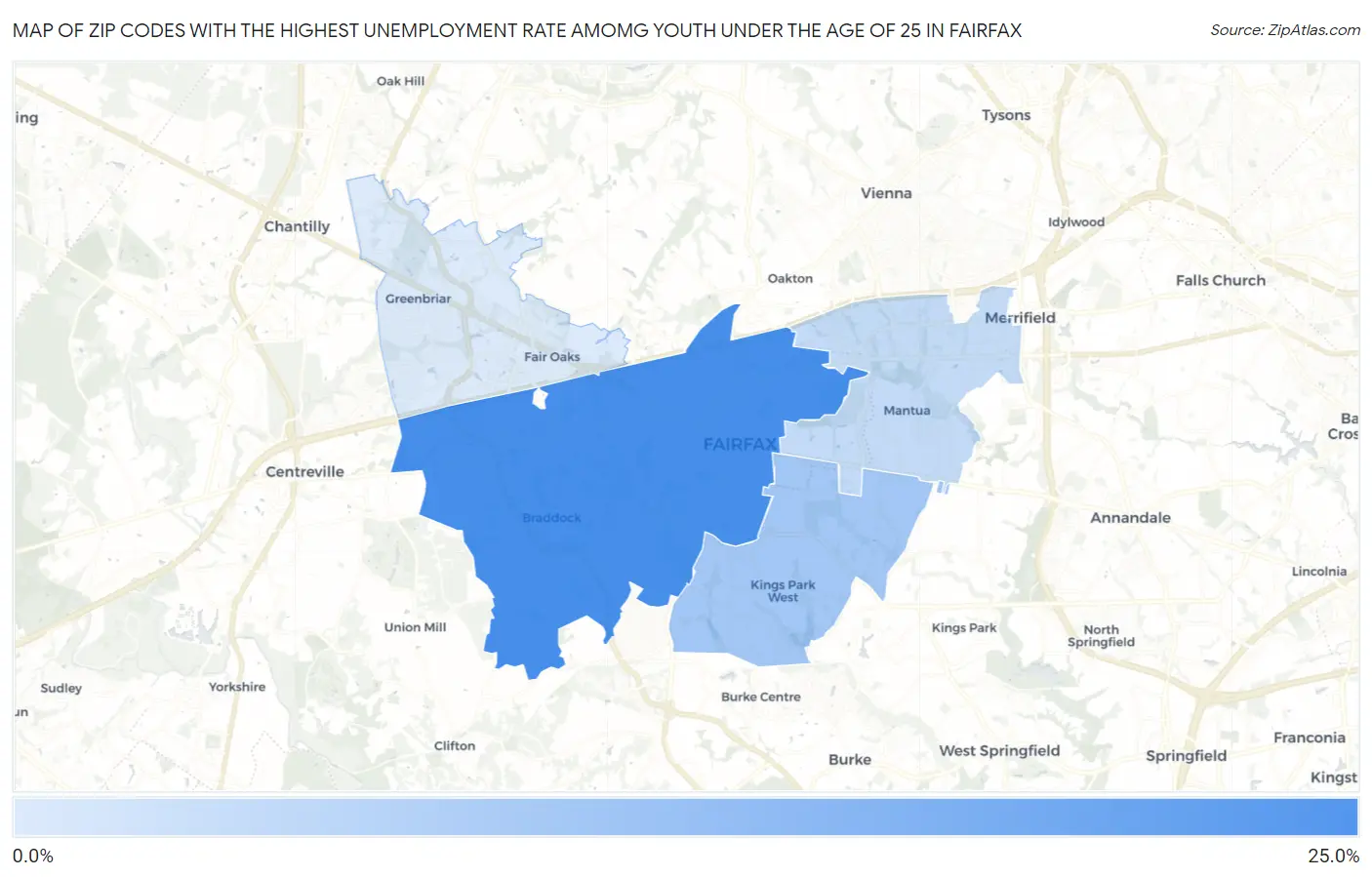 Zip Codes with the Highest Unemployment Rate Amomg Youth Under the Age of 25 in Fairfax Map