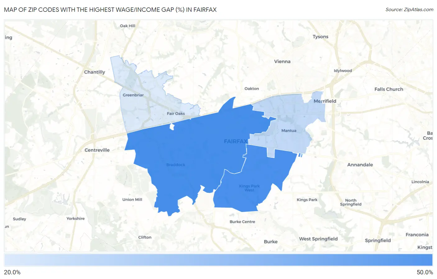 Zip Codes with the Highest Wage/Income Gap (%) in Fairfax Map