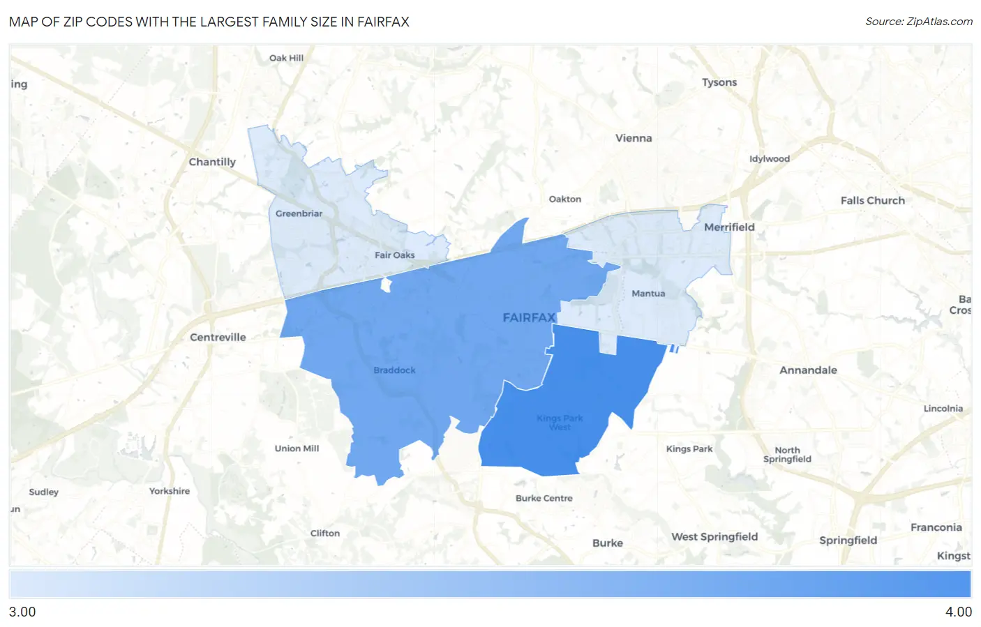 Zip Codes with the Largest Family Size in Fairfax Map