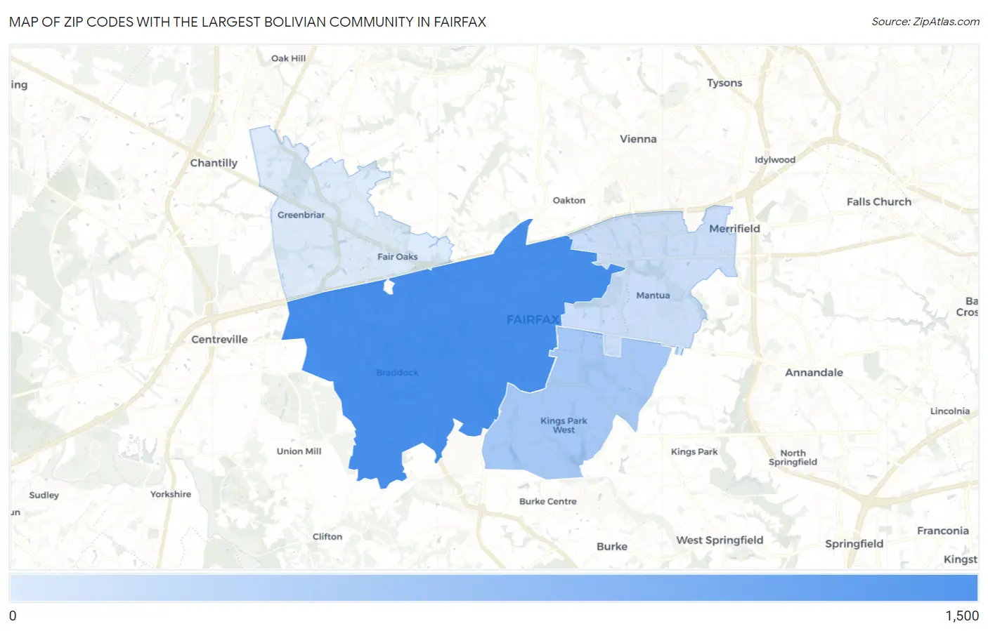 Zip Codes with the Largest Bolivian Community in Fairfax Map