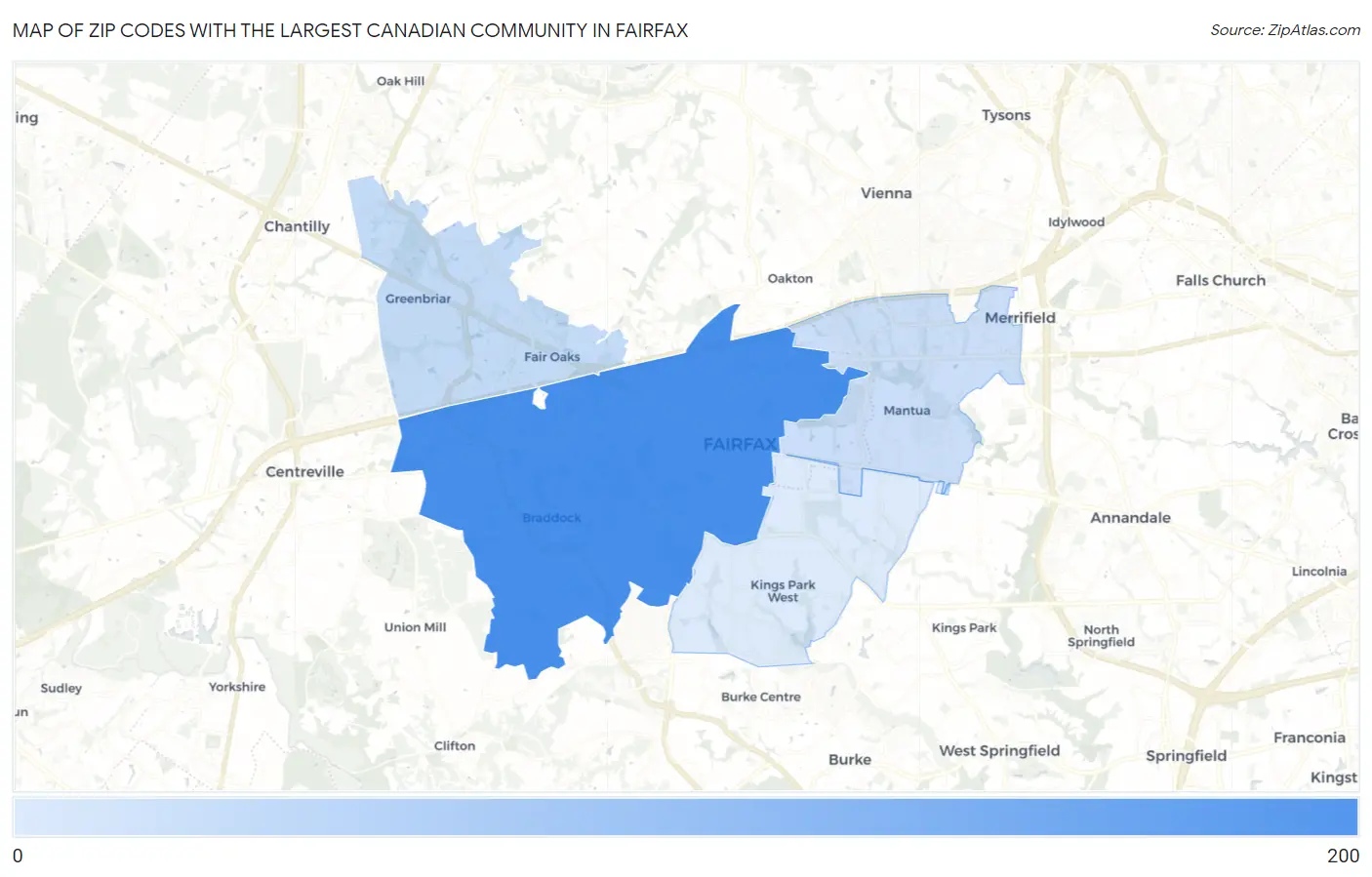 Zip Codes with the Largest Canadian Community in Fairfax Map