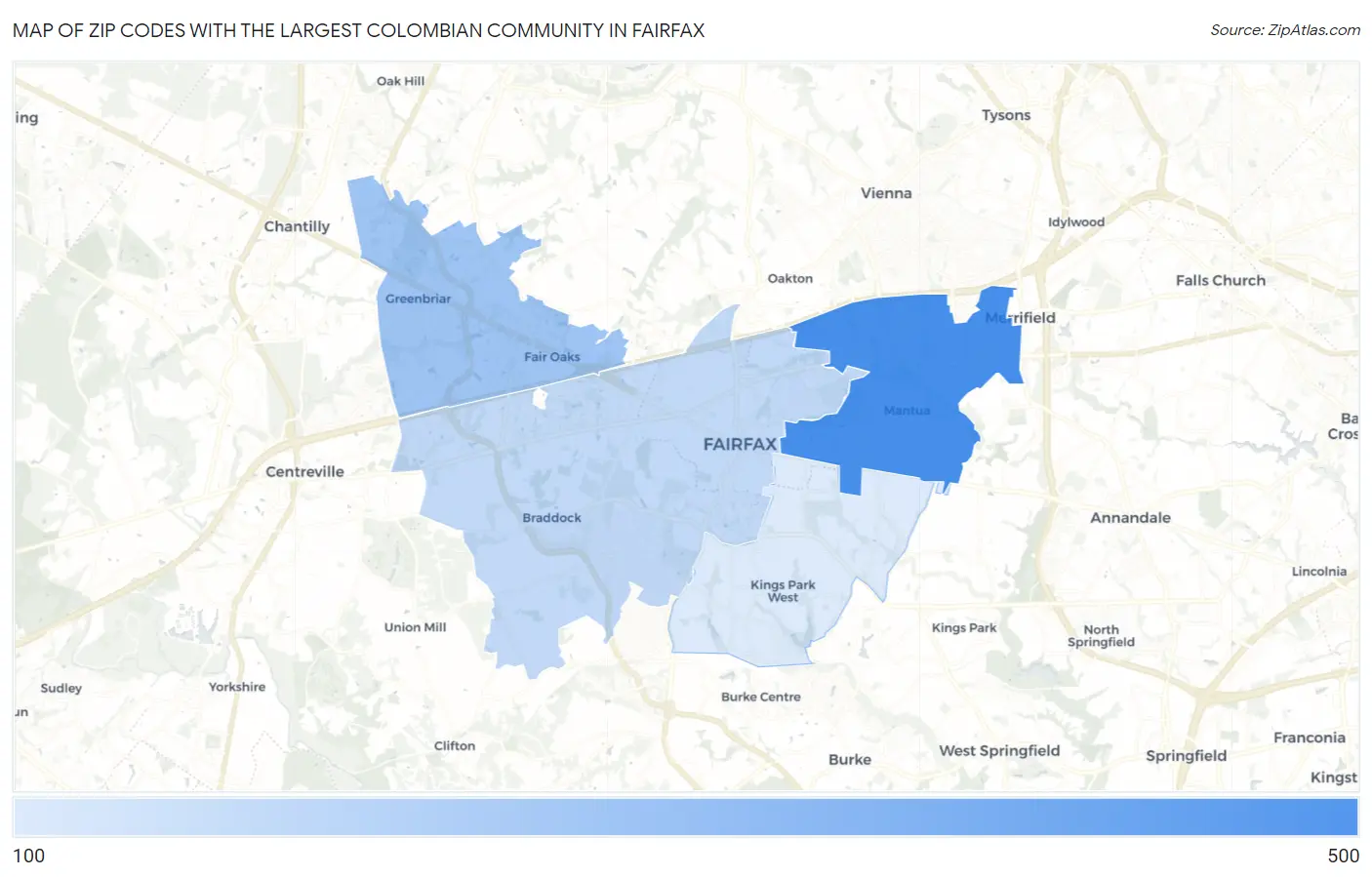 Zip Codes with the Largest Colombian Community in Fairfax Map