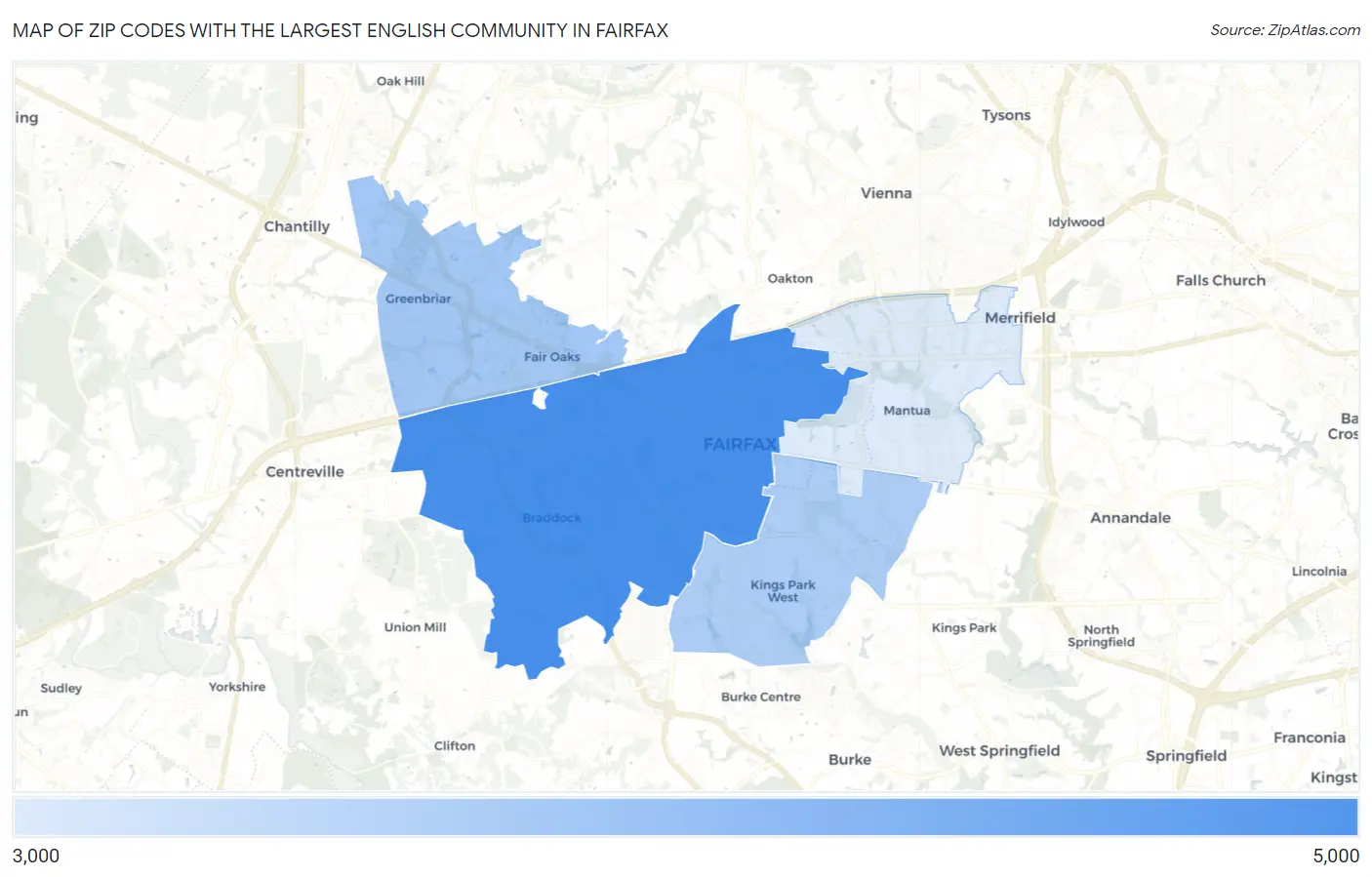 Zip Codes with the Largest English Community in Fairfax Map