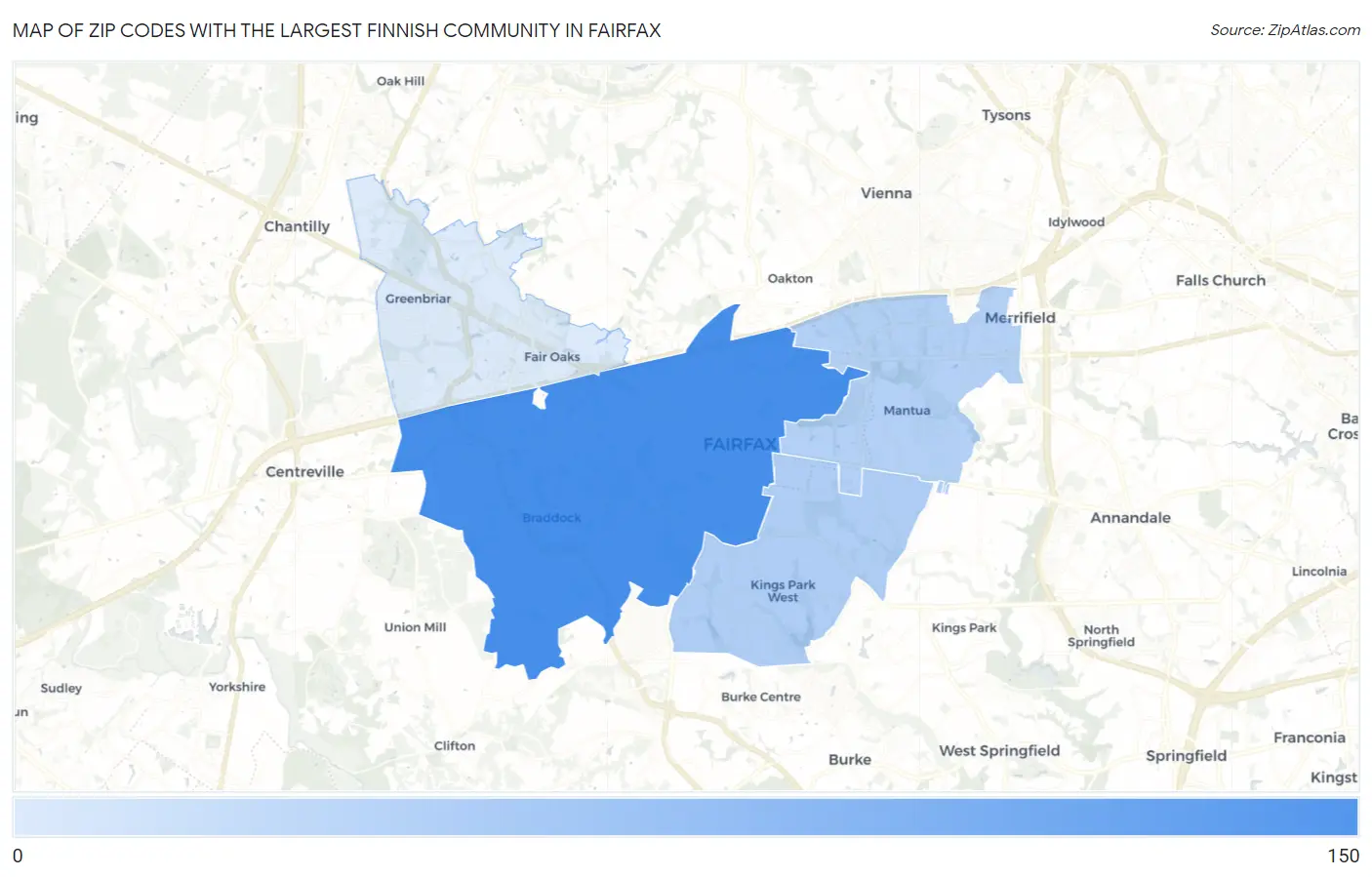 Zip Codes with the Largest Finnish Community in Fairfax Map