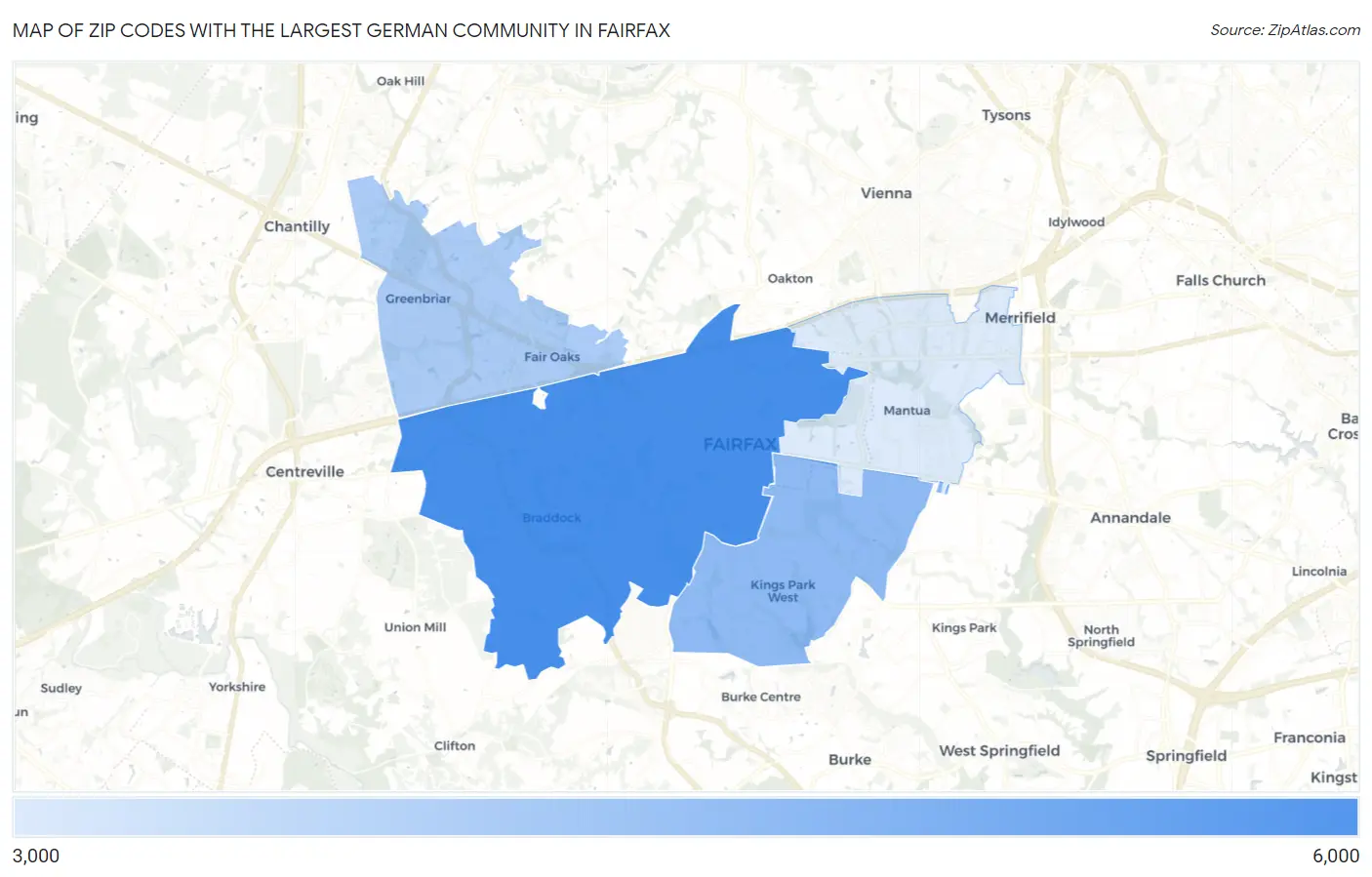 Zip Codes with the Largest German Community in Fairfax Map